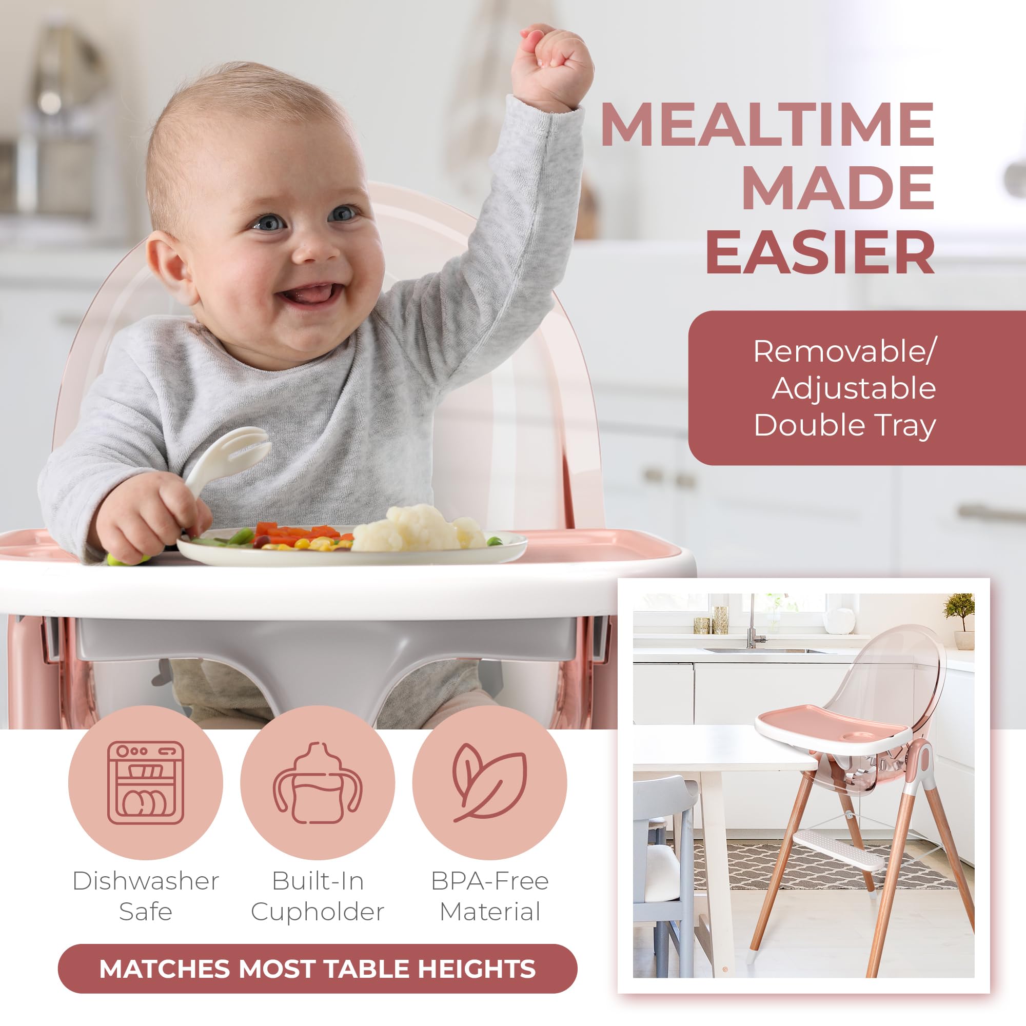 6-in-1 Deluxe Wooden High Chair for Babies & Toddlers - Modern, Safe & Compact Baby Highchair with Removable Tray | 6 Functions, 3 Seat Positions & 2 Height Adjustments | Easy to Clean & Assemble | Perfect for Dining, Feeding & Playtime (Pink)