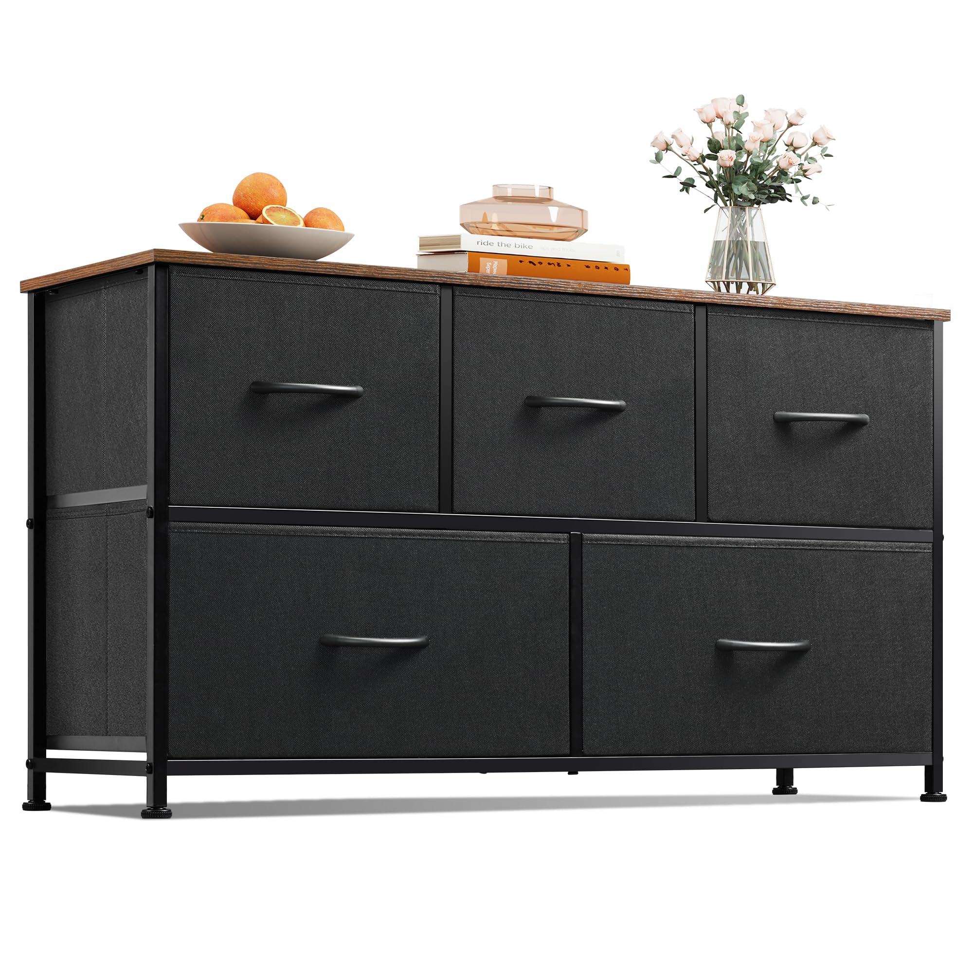 5-Drawer Fabric Dresser for Bedroom - Wide Storage Organizer with Fabric Bins in Black & Rustic Brown - Perfect for Closet, Living Room & Hallway Organization