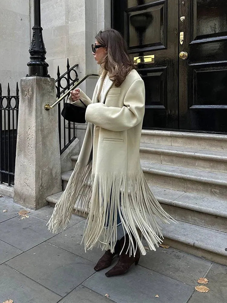 2023 Women's Autumn Wool Blend Tassel Coat with Lapel, Full Sleeves & Pockets - Fashionable Streetwear Overcoat for Fall Outfits & Casual Wear
