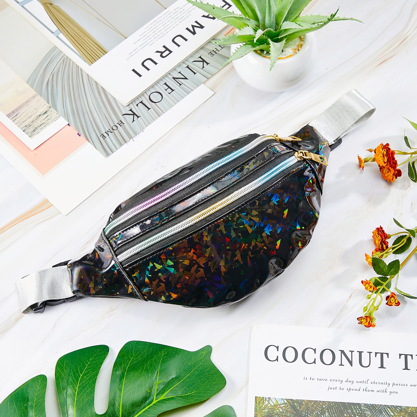 **Dunzy 12-Pack Holographic Fanny Packs for Bachelorette Party - Waterproof Waist Bags for Bride & Bridesmaids (Black, Silver) - Perfect for Weddings, Bachelorette Events & Outdoor Adventures**