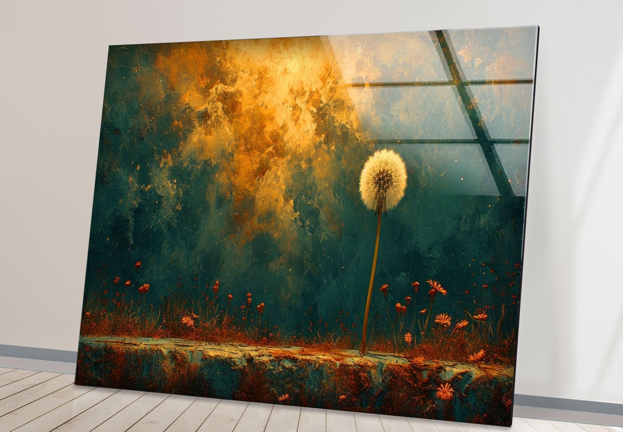 Abstract Dandelion Glass Wall Art - Handmade Modern Home Decor for Living Room, Bedroom & Office - Unique Glass Wall Hanging for Boho, Contemporary Interior Design