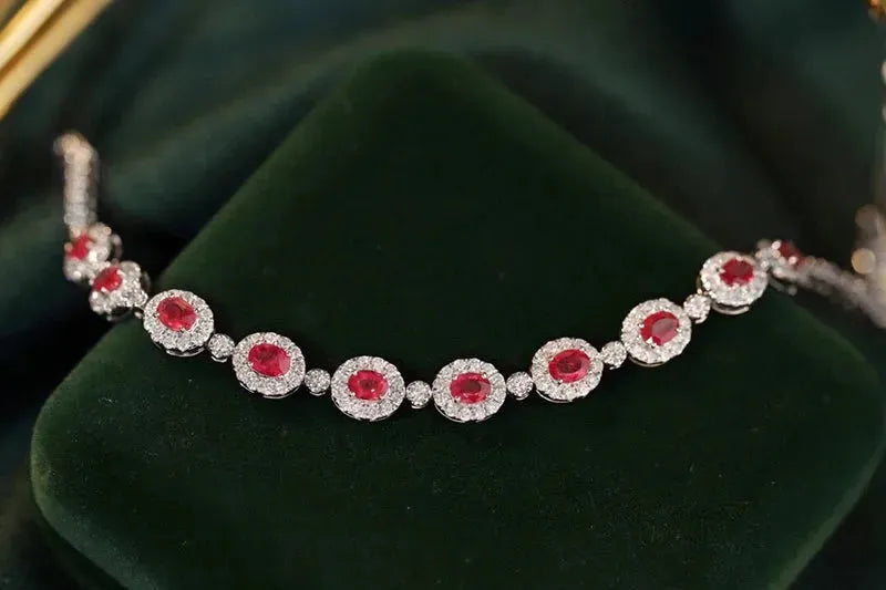 18K White Gold Women's Bracelet with Real Natural Ruby & Diamonds - Romantic Shiny Luxury Jewelry for Wedding, Anniversary & Special Occasions