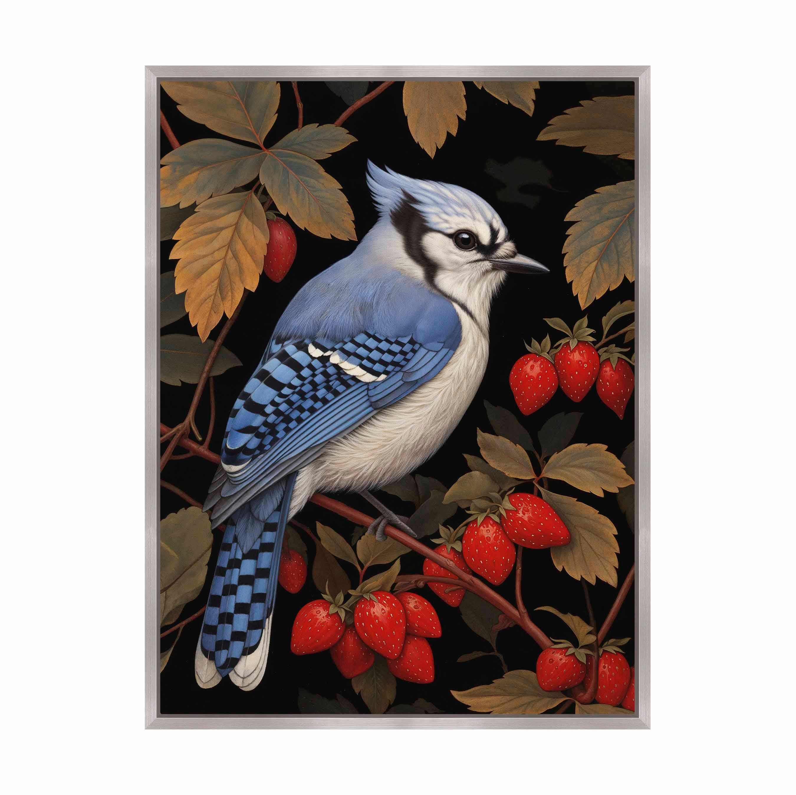 Berry Bliss Blue Jay in Strawberry Patch Gallery Wrapped Canvas - Beautiful Nature Artwork for Home Decor, Living Room, Bedroom & Office Wall