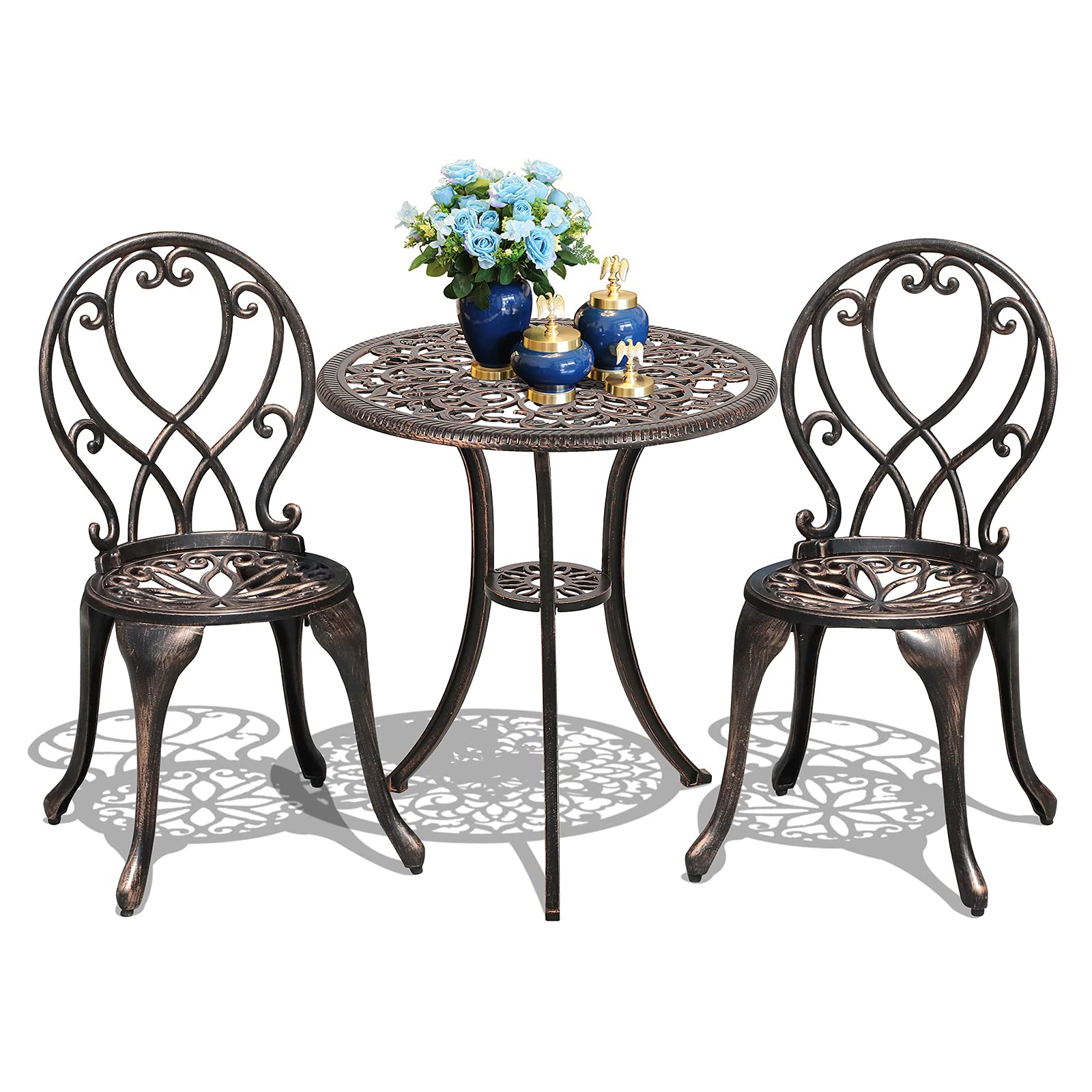 COBANA 3-Piece Outdoor Bistro Set - All-Weather Cast Aluminum Patio Dining Table with 2 Chairs & 2’’ Umbrella Hole, Bronze Retro Style - Perfect for Garden, Balcony, Poolside & Backyard Relaxation