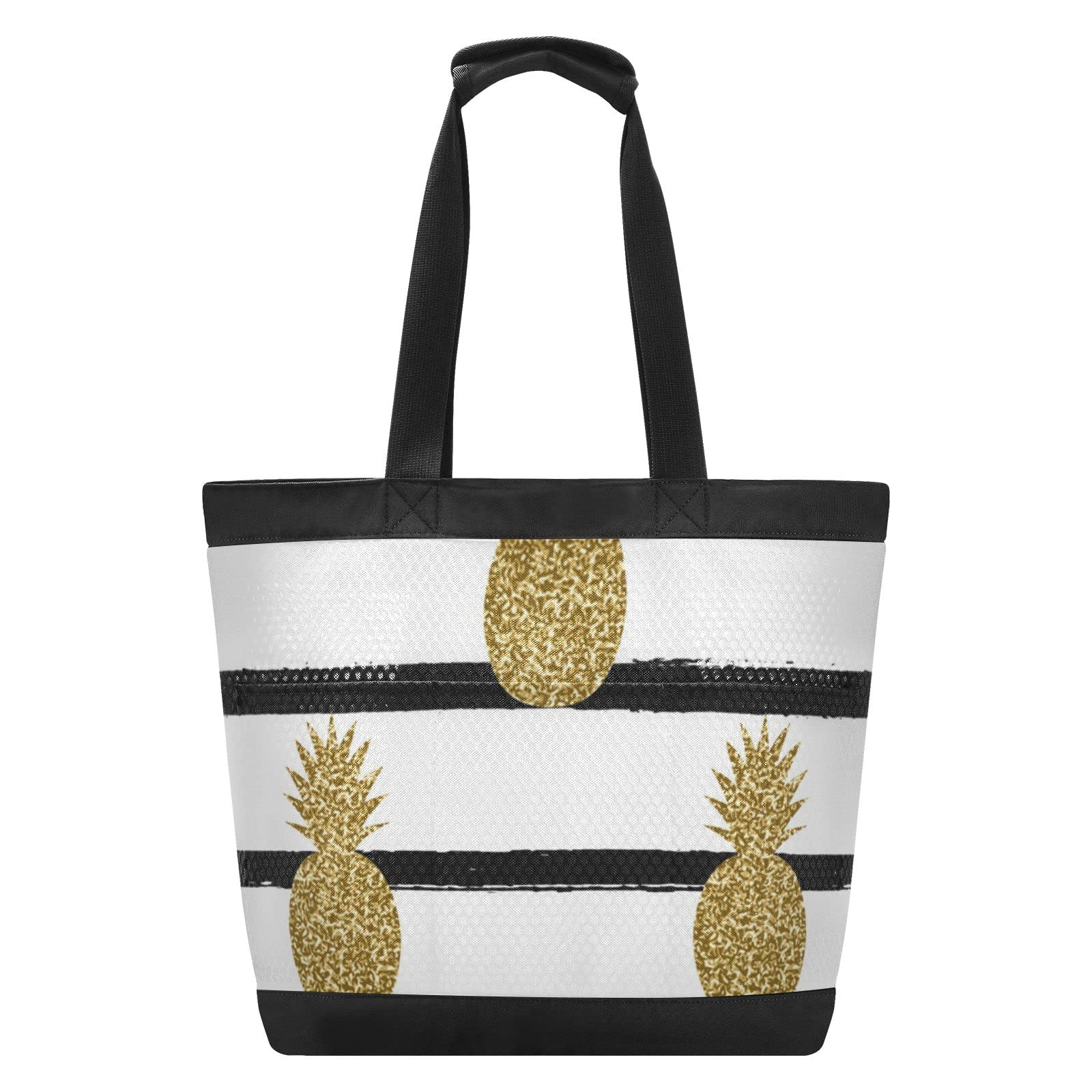 Gold Glitter Pineapple Mesh Beach Tote Bag - Large Foldable Lightweight Grocery Storage Net Bag with Pockets | Perfect for Pool Parties, Beach Vacations & Shopping Trips