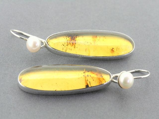 Long Amber & Pearl Earrings Sterling Silver - Elegant Dangle Earrings for Women, Perfect for Weddings, Parties & Special Occasions