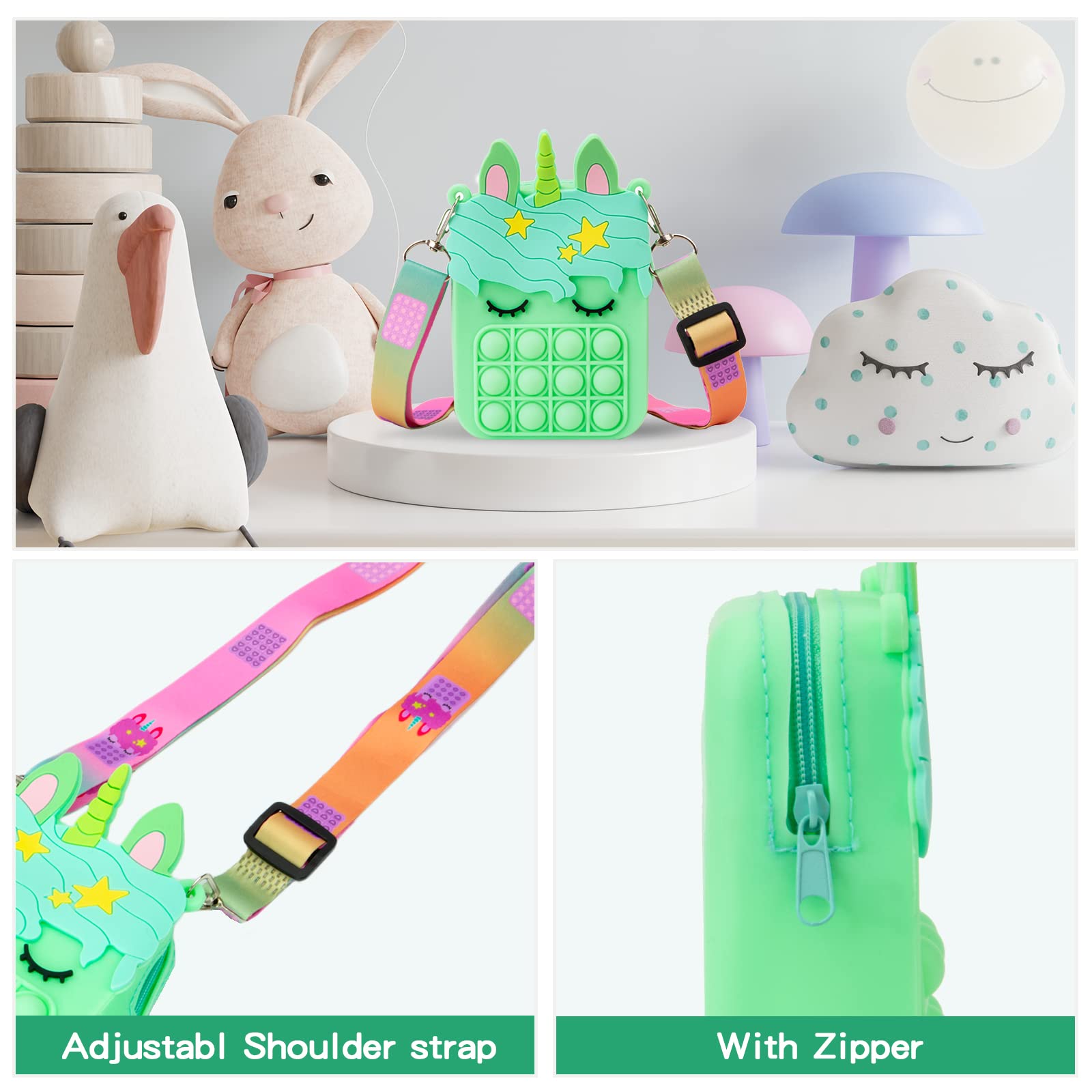 Borso Pop Push It Fidget Toy Bag - 2-in-1 Handheld Messenger Purse with Pop It Sensory Stress Relief for Girls, Teens & Adults (Light Green Unicorn) - Perfect for School, Travel & Anxiety Relief