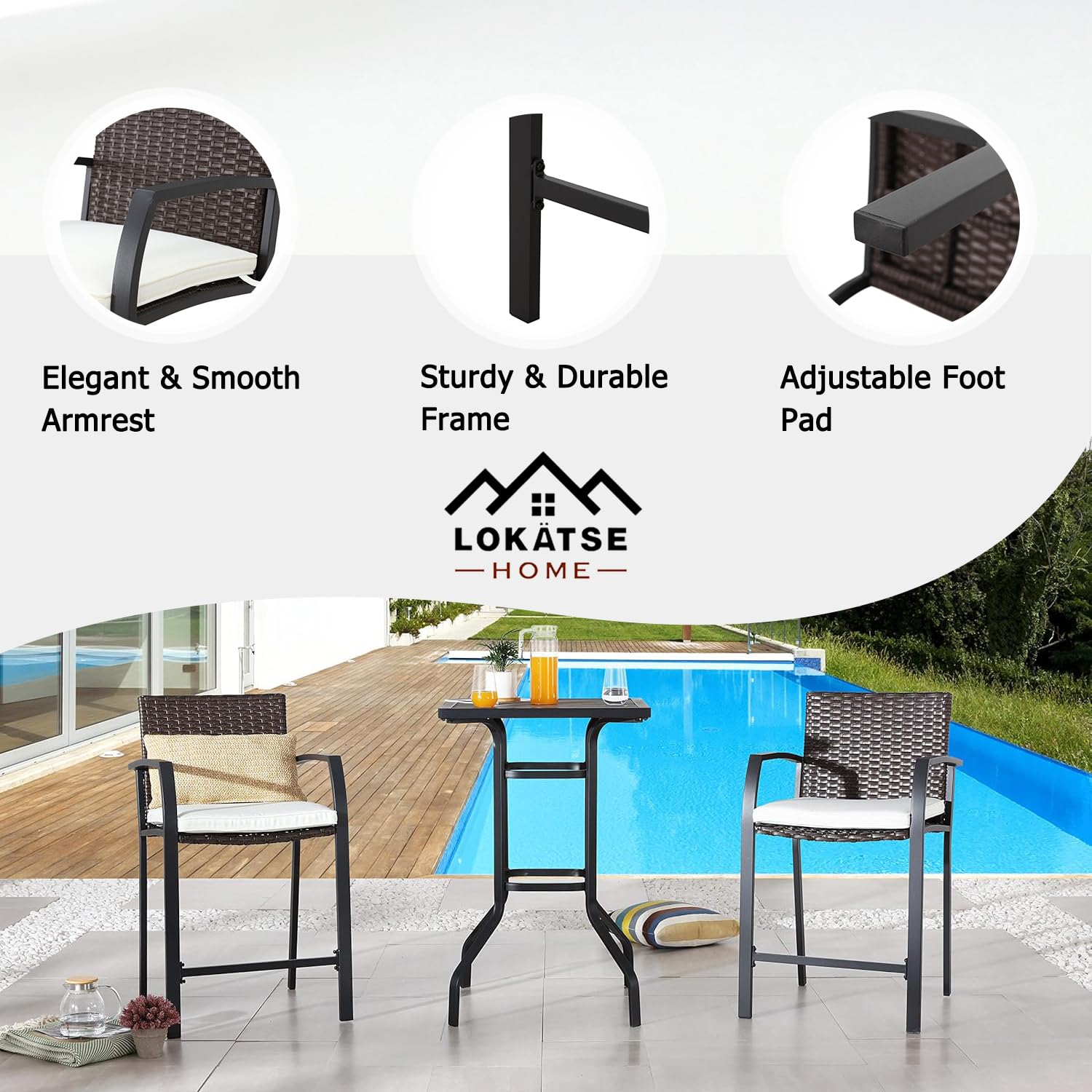 LOKATSE HOME 3-Piece Outdoor Patio Bar Set - Wicker Bar Stools with High Top Square Table - Weather-Resistant White Conversation Furniture for Backyard, Poolside & Garden Dining