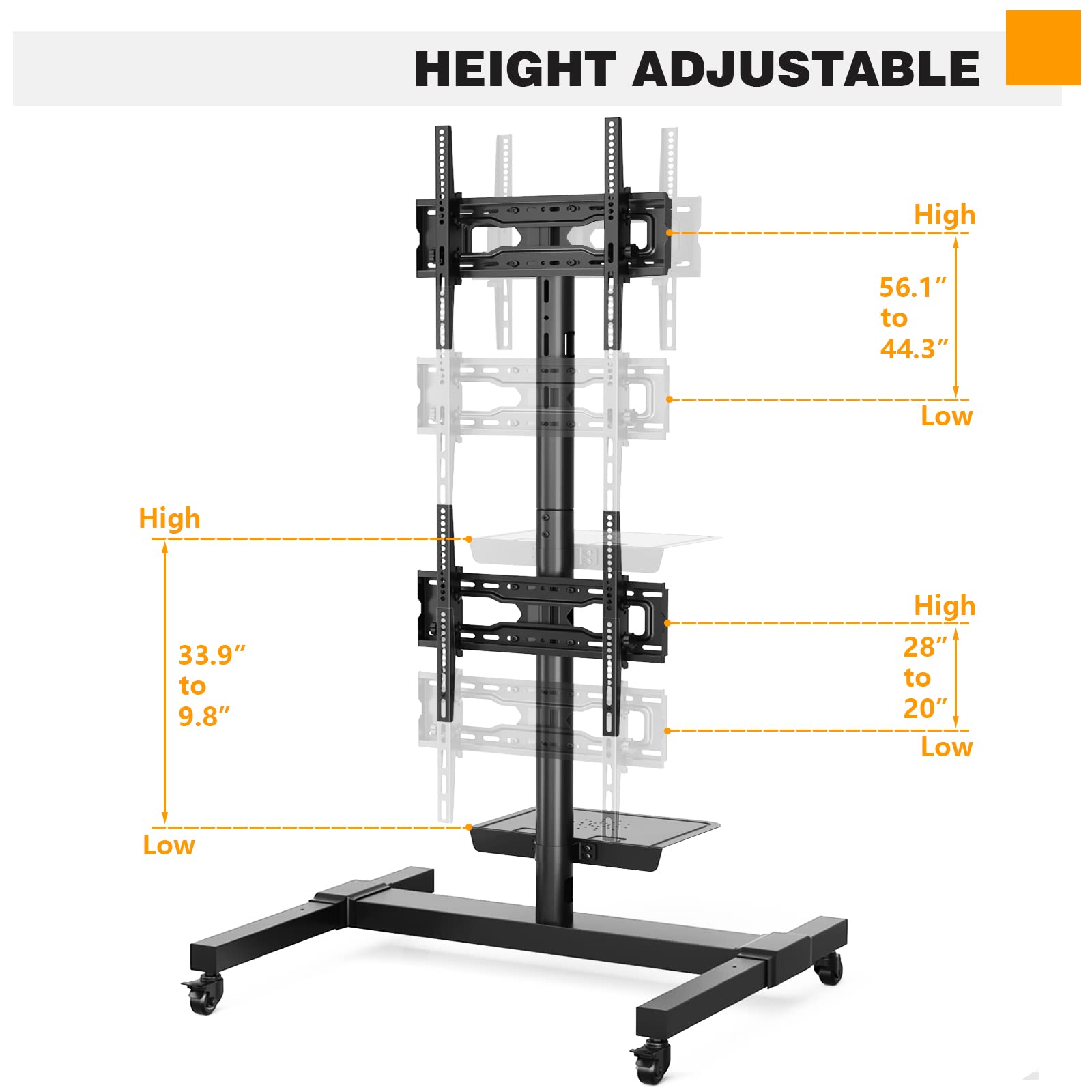 5Rcom Mobile TV Cart with Wheels for 32-55 Inch LCD LED 4K Flat/Curved TVs - Adjustable Height & Tilt Rolling TV Stand with Laptop Shelf, Holds 132 lbs - Perfect for Home Theater, Office Conference Rooms & Gaming Setups