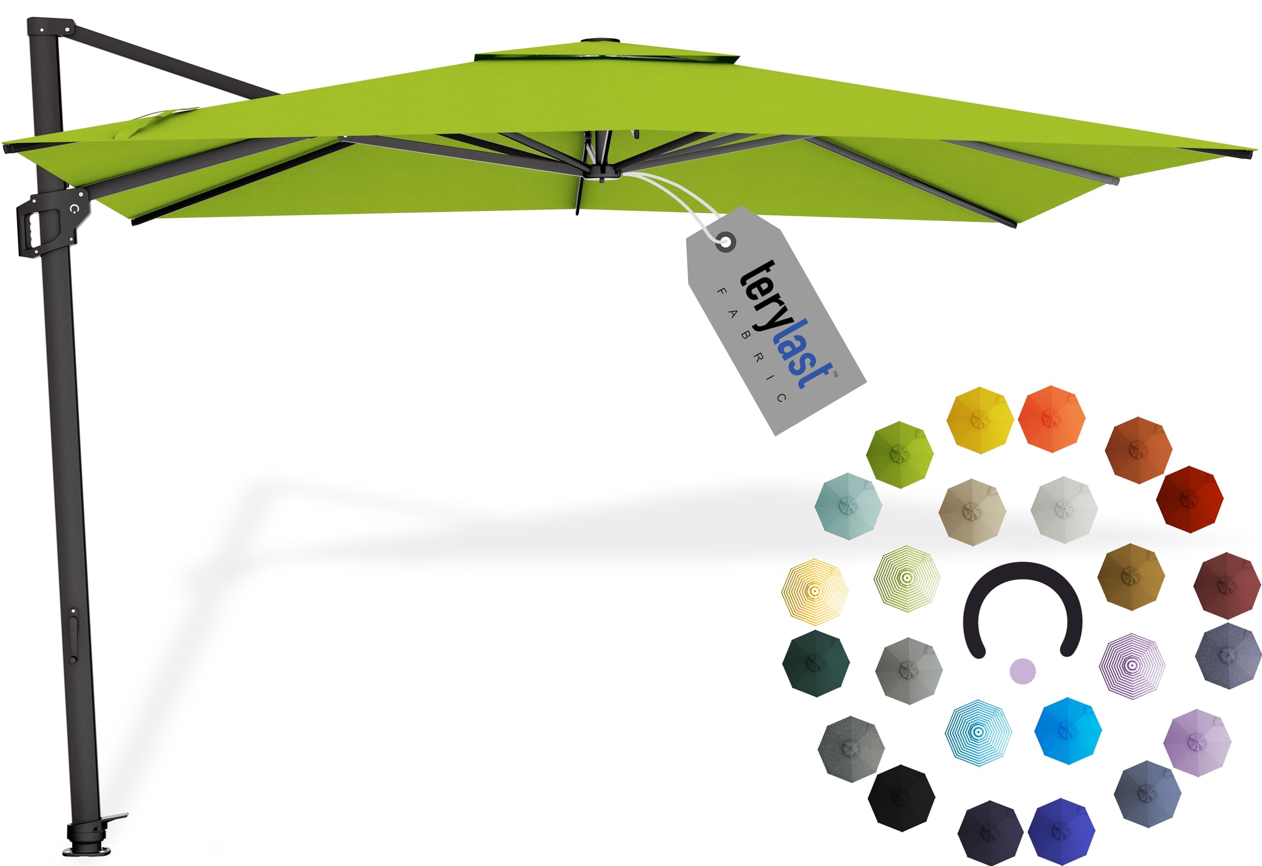 9x9 Ft Outdoor Cantilever Patio Umbrella with Terylast Pear Green Fabric - 360° Rotating Offset Umbrella for Deck, Backyard & Garden - Durable Black Frame - Perfect for Poolside Lounging and Outdoor Dining