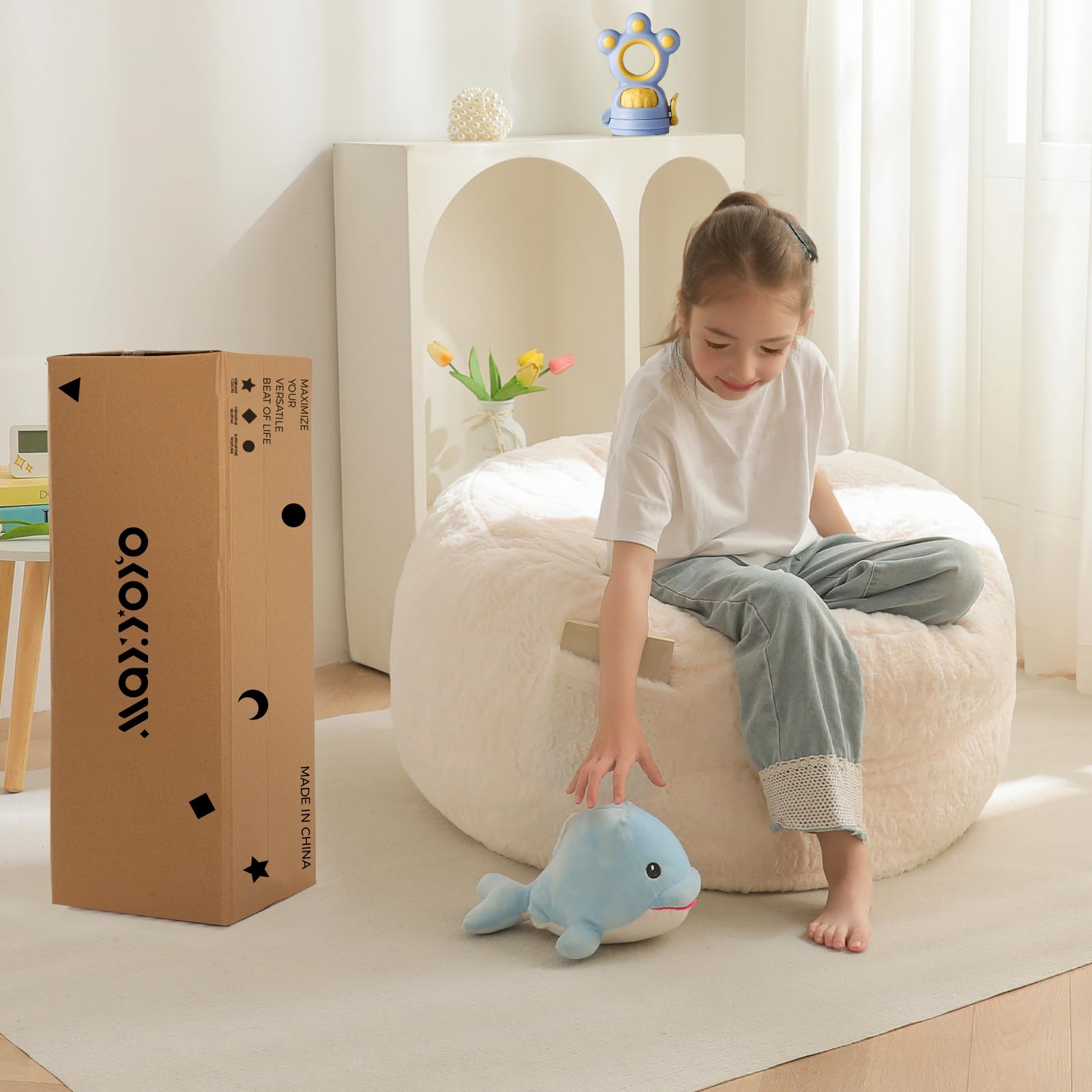 MAXYOYO Kids Bean Bag Chair Bed - Convertible Lazy Chair to Floor Mattress (Beige) | Perfect for Playroom, Bedroom & Dorm Room Relaxation