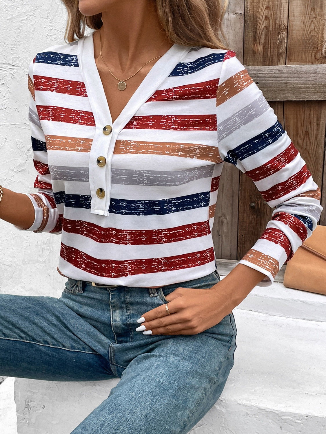 Stylish Contrast Striped V-Neck Long Sleeve T-Shirt for Men & Women | Casual & Layering Essential | Perfect for Office, Date Night & Weekend Outfits