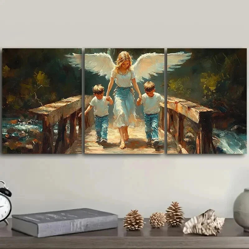 3-Piece Angel and Youngsters on Bridge Wall Art Set - Framed Canvas 50x70cm (19.7x27.6in) - High Quality Print - 100% Australian Made - Ready to Hang - Perfect for Living Room, Bedroom, or Office Decor