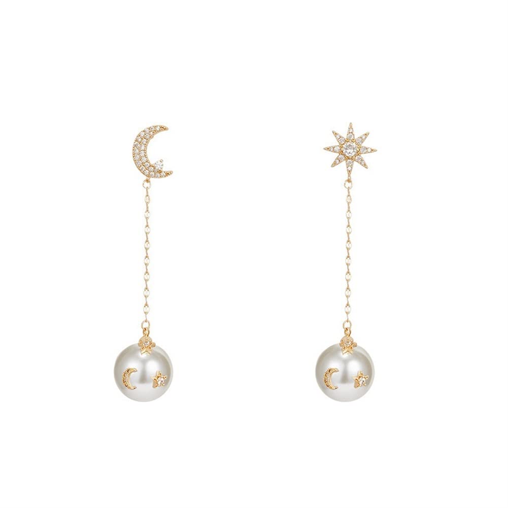 SHANGMAOYO Women's Fashion Drop Dangle Earrings - Asymmetric Star Moon Long Pearl Diamond Dainty Jewelry - Gold Copper Electroplated Earrings for Her - Perfect Birthday Gift & Everyday Wear for Women
