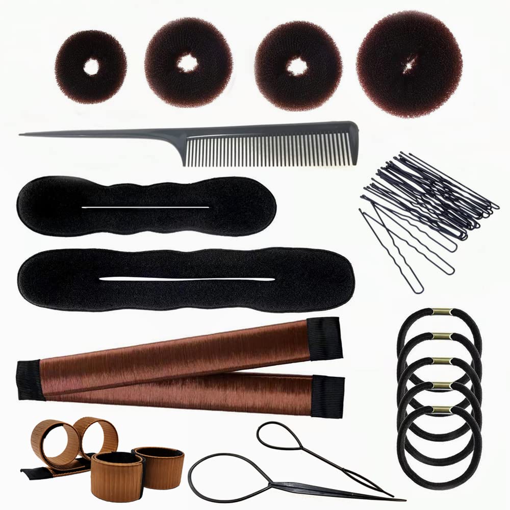 PARFINER Hair Bun Maker - Magic French Twist Hairstyle Clip, Snap Bun Makers with Comb, Hair Elastic Bands & Pins - Brown Hair Styling Accessories for Women, Perfect for Parties, Weddings & Everyday Elegance