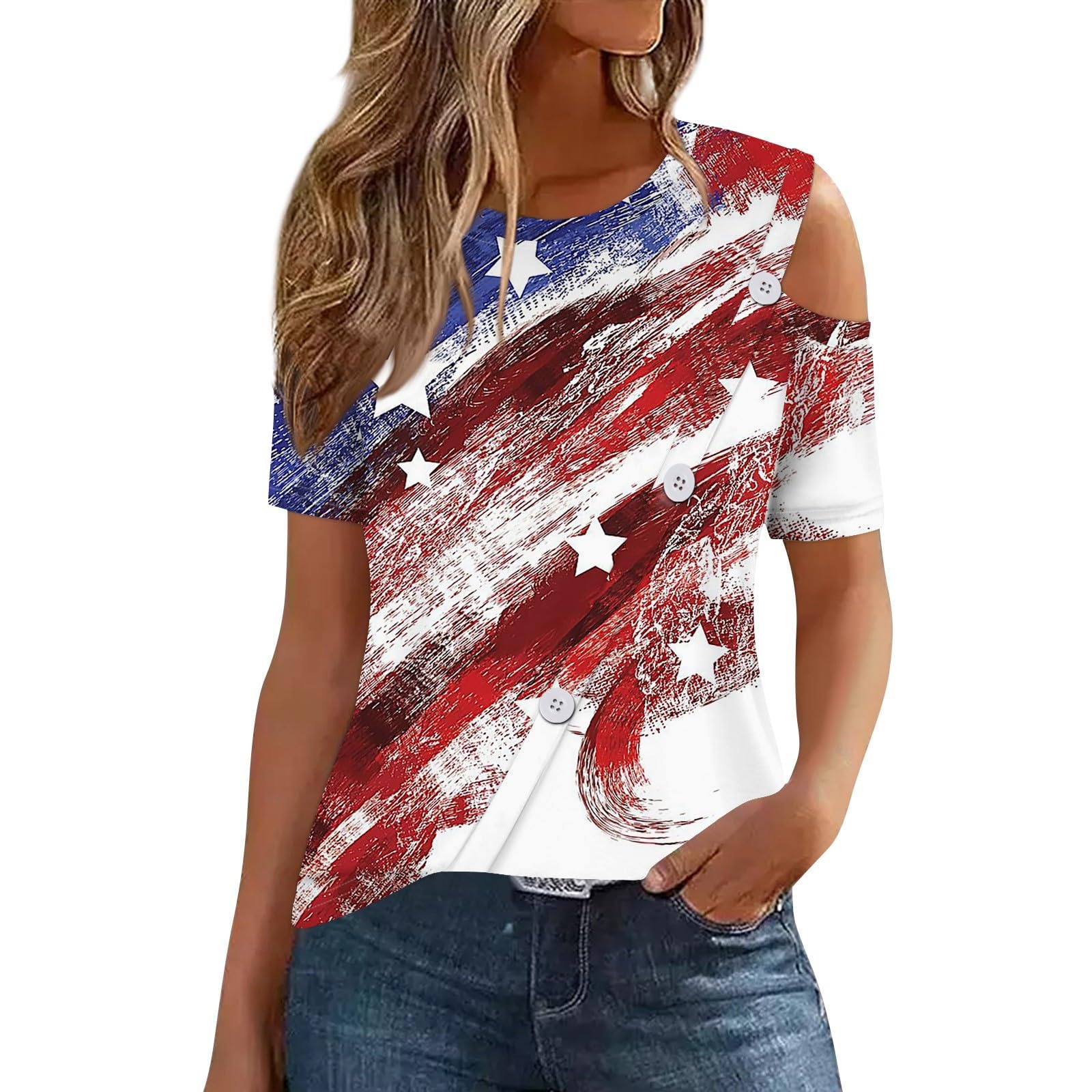 Women's Cold Shoulder Tops - Summer Short Sleeve Striped Star Graphic Tunic Blouse for 4th of July | Beige Casual Shirt for Beach Outings & Patriotic Celebrations