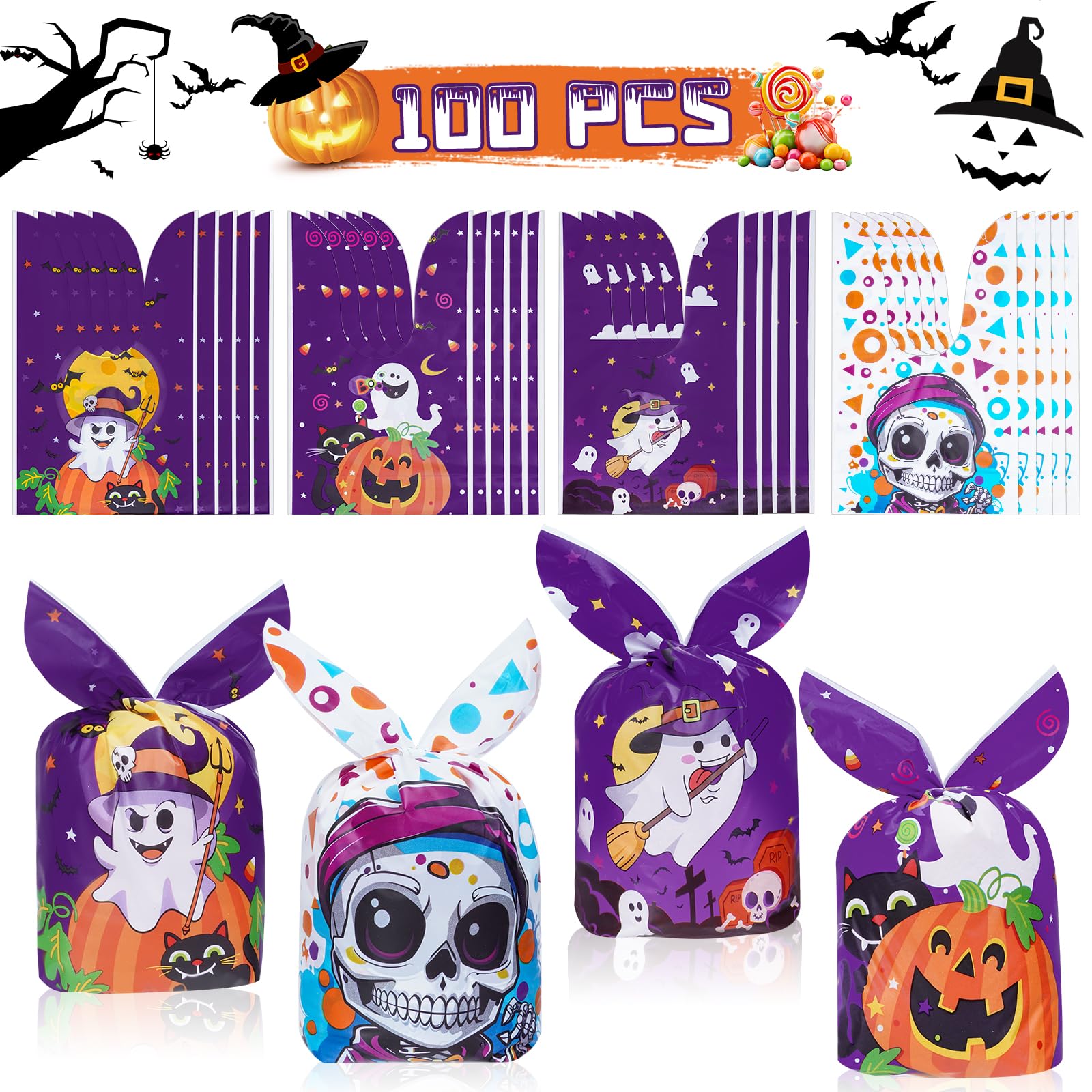 WANKODA Halloween Candy Bags - 100PCS Trick or Treat Goodie Bags with Cute Rabbit Ears, Skull & Pumpkin Designs - Perfect for Halloween Parties, School Events & Neighborhood Trick-or-Treating