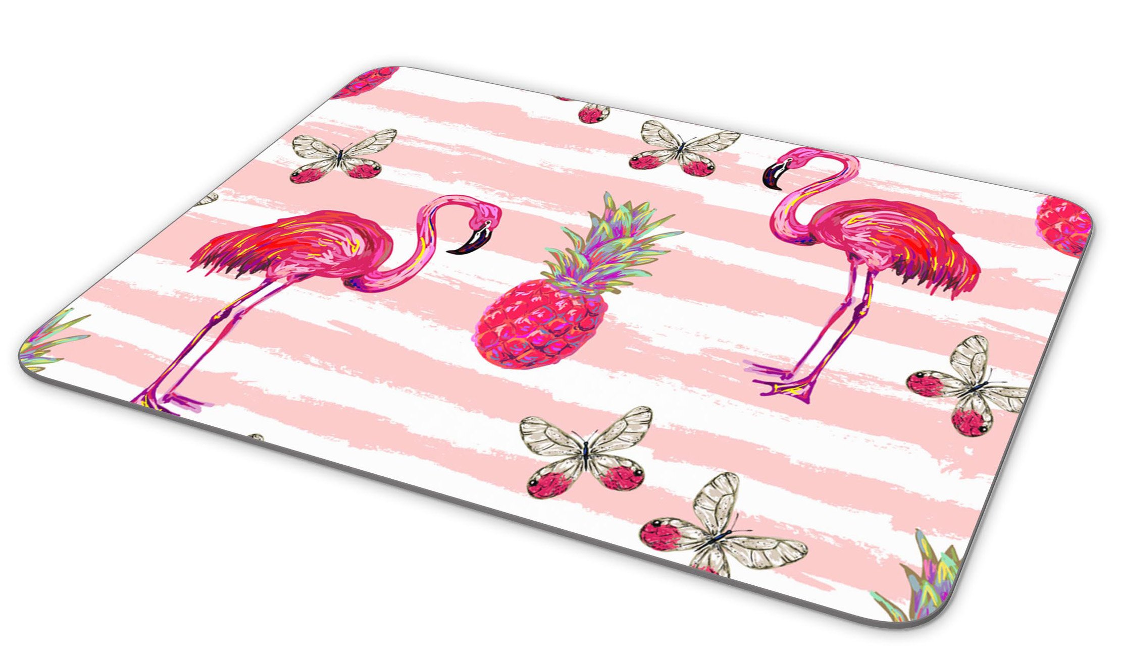 Non-Slip Rubber Mouse Pad with Watercolor Flamingos, Pineapple & Butterflies Design - 9.5