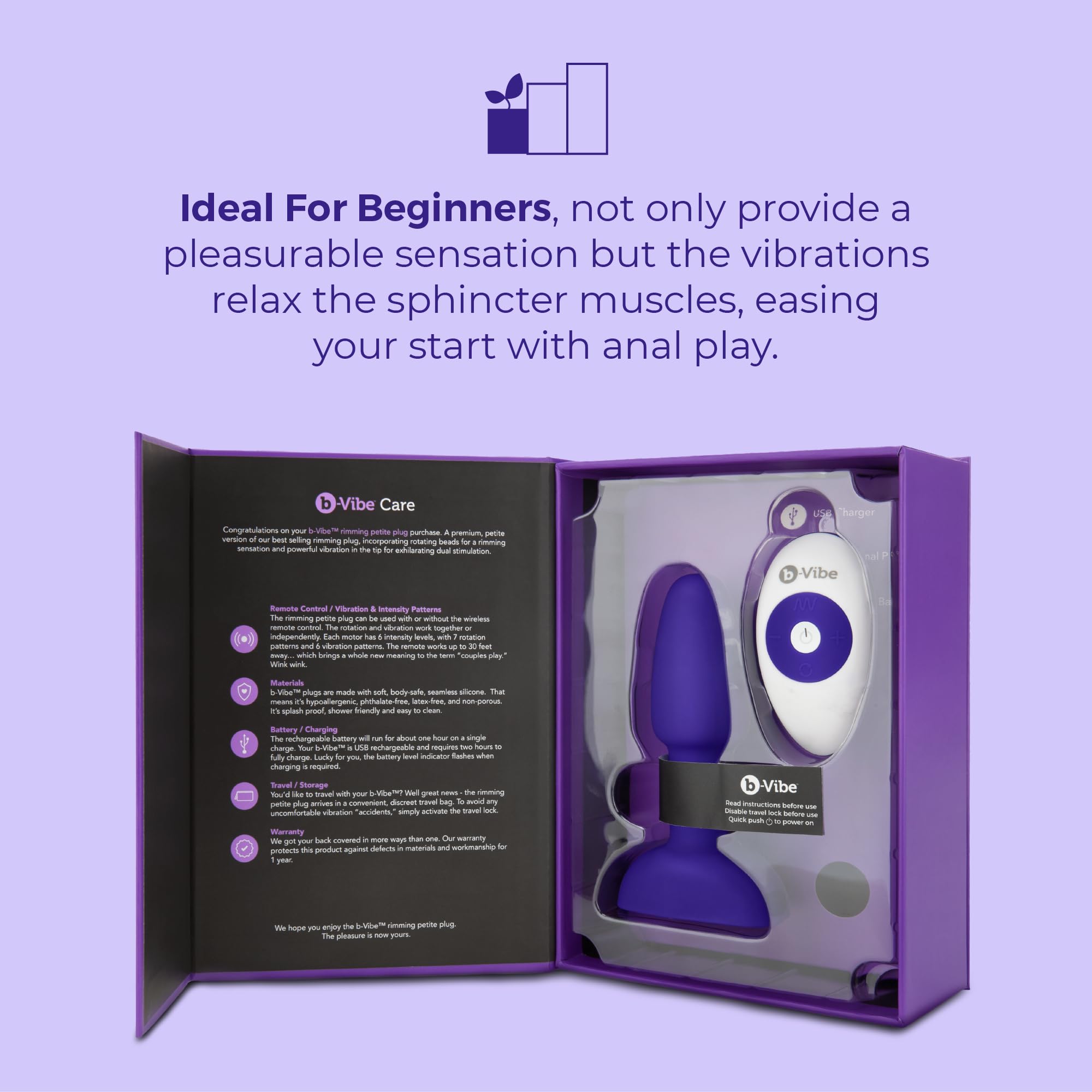 b-Vibe Petite Rimming Remote Control Anal Plug - Purple Adult Sex Toy for Couples, Anal Training & Pleasure | Perfect for Long Distance Play, BDSM & Sensual Exploration