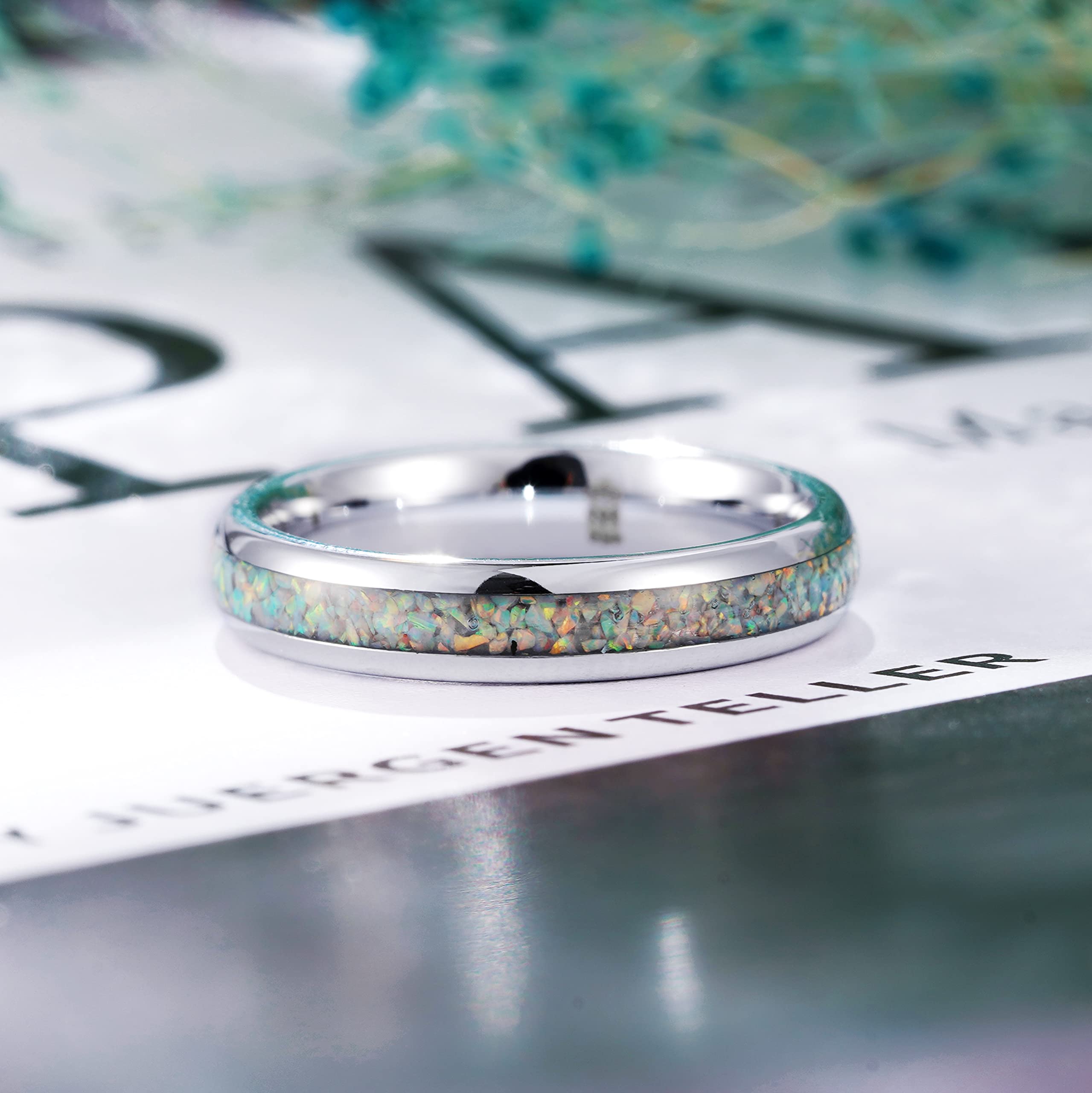 THREE KEYS JEWELRY 4mm & 8mm Galaxy Collection Tungsten Wedding Rings for Men & Women with Fire Created Opal Inlay - Customizable Bands for Engagement, Anniversary & Special Occasions