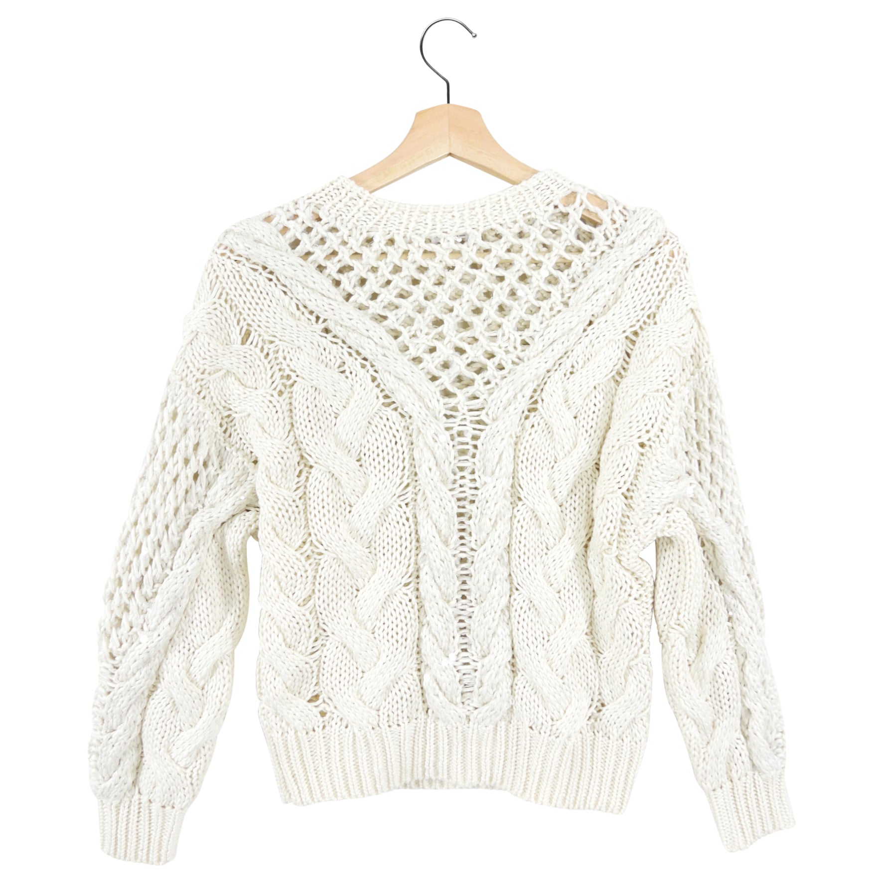 Brunello Cucinelli Ivory Cotton Cable Knit Sequin Sweater Women's Size S (US 2/4) - Elegant Winter Pullover for Holiday Parties & Office Wear