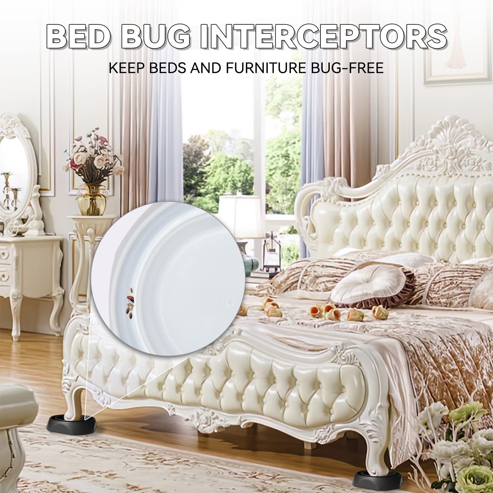 Bed Bug Interceptors with Anti-Skid Pads - 8 Pack White Bed Bug Traps & Detectors for Mattress, Furniture & Travel Use
