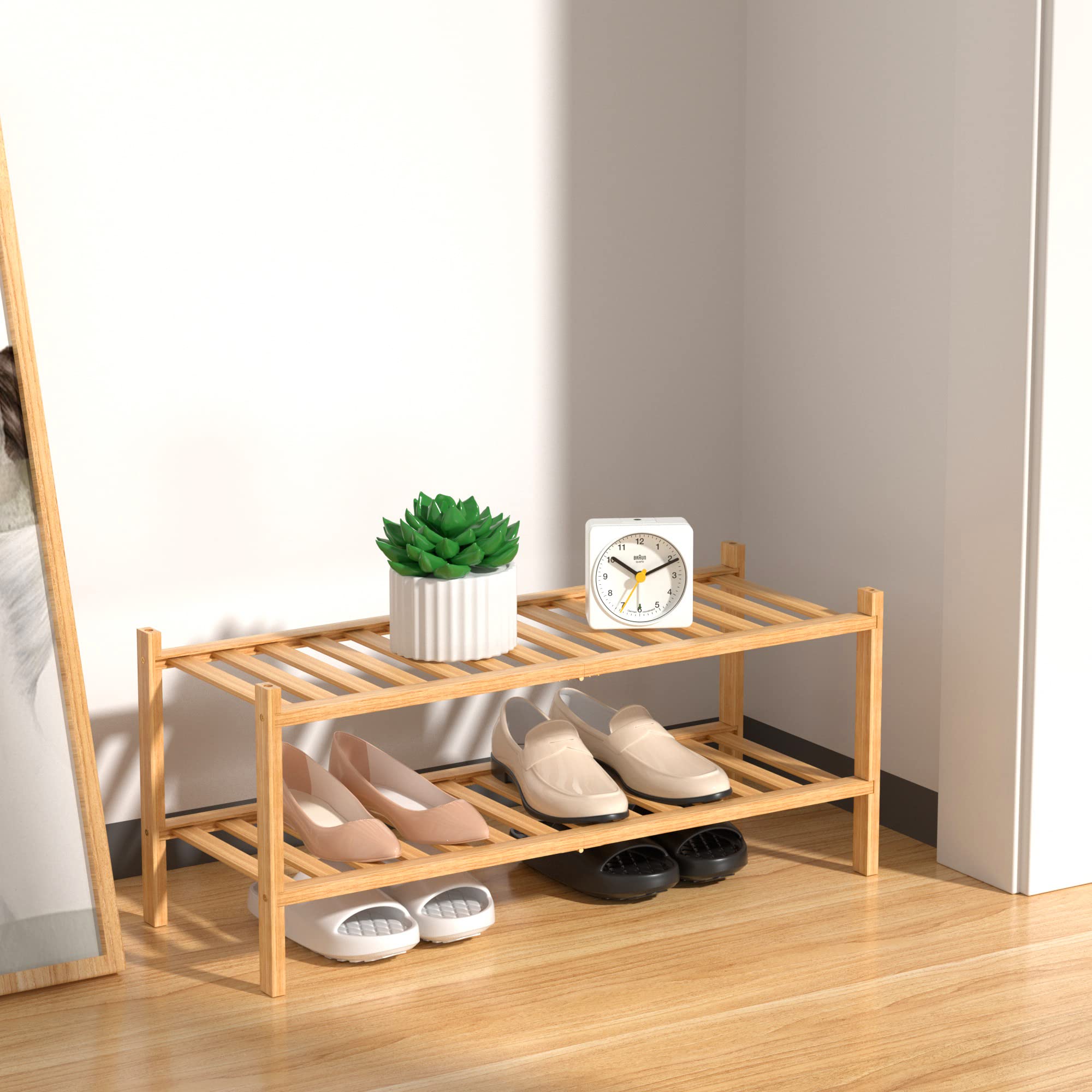 2 Tier Bamboo Shoe Rack Organizer - Free Standing Wooden Shoe Shelf for Closet & Entryway - Space Saving Stackable Storage Solution for Small Spaces - Perfect for Organizing Shoes, Bags & Accessories in Bedroom, Hallway or Mudroom