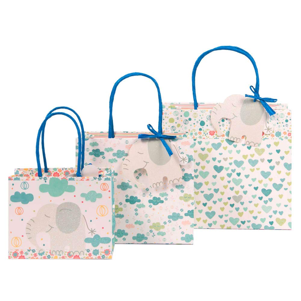 ARTEBENE 3-Pack Assorted Glitter Elephant Blue Gift Bags - Perfect for Birthday Parties, Baby Showers & Wedding Favors