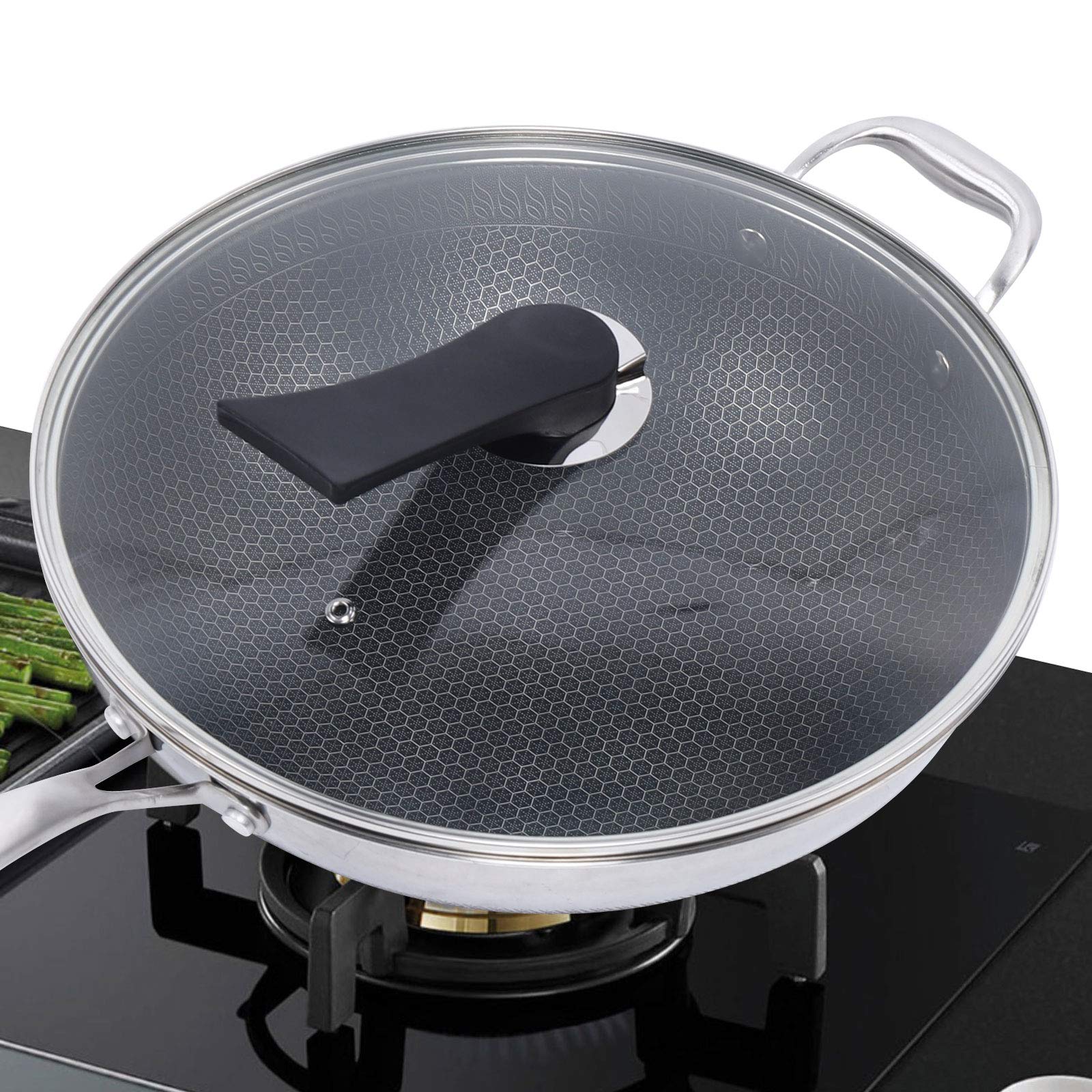 Double Sided Non-Stick Honeycomb Wok - Stainless Steel Frying Pan with Glass Lid - Compatible with Gas & Induction Stoves - Perfect for Stir-Fry, Deep Frying & Asian Cooking