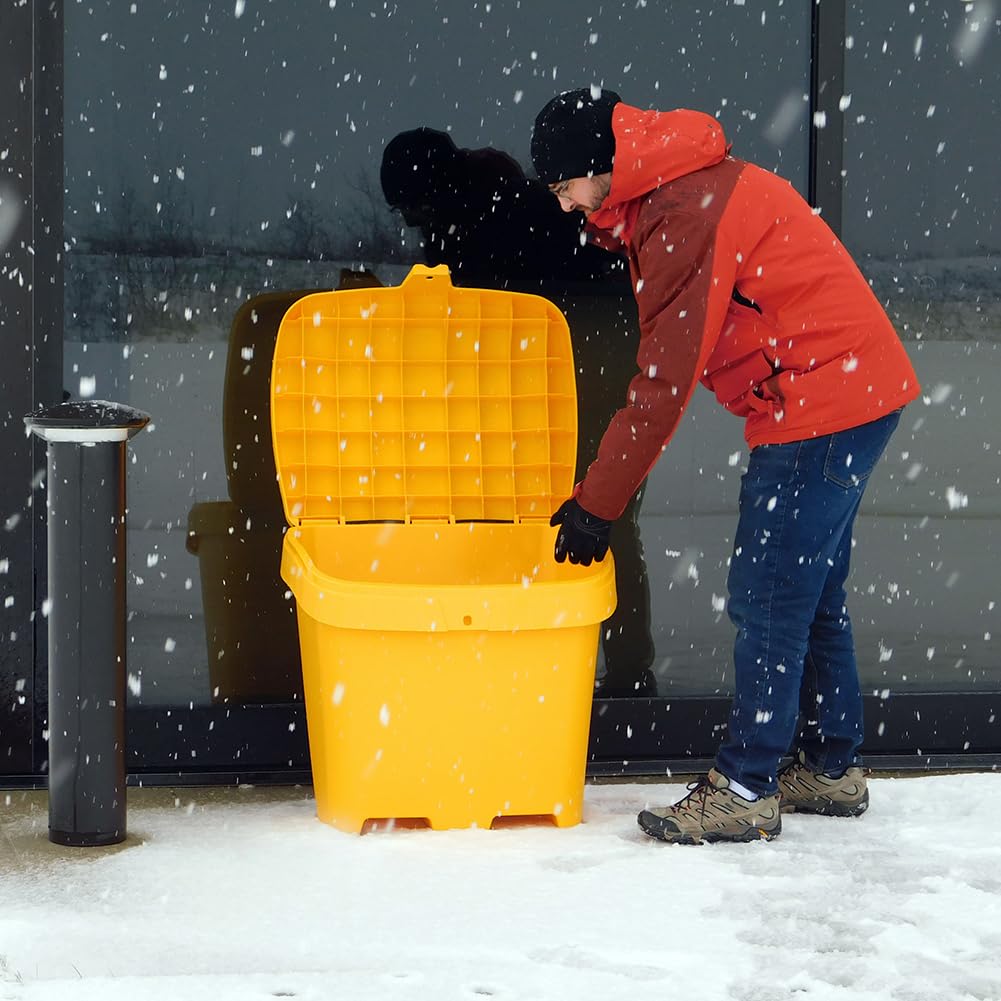 FCMP Outdoor 31 Gallon Heavy-Duty Salt & Sand Storage Box - Weatherproof Deck Container for Patio, Yard & Garage - Bright Yellow for High Visibility - Ideal for Winter Salt Storage & Summer Sand Organization