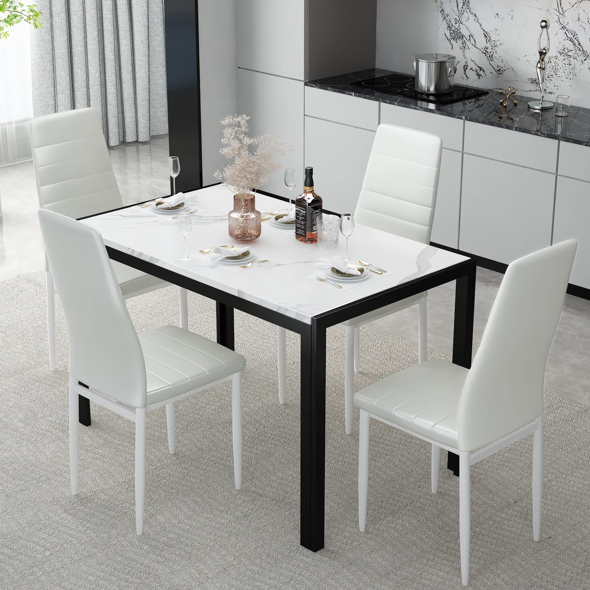 DKLGG 5-Piece Modern Dining Table Set for 4 - Faux Marble Kitchen Table with 4 Chairs, Space-Saving Home Furniture for Small Spaces | Perfect for Apartments, Breakfast Nooks & Cozy Family Dinners