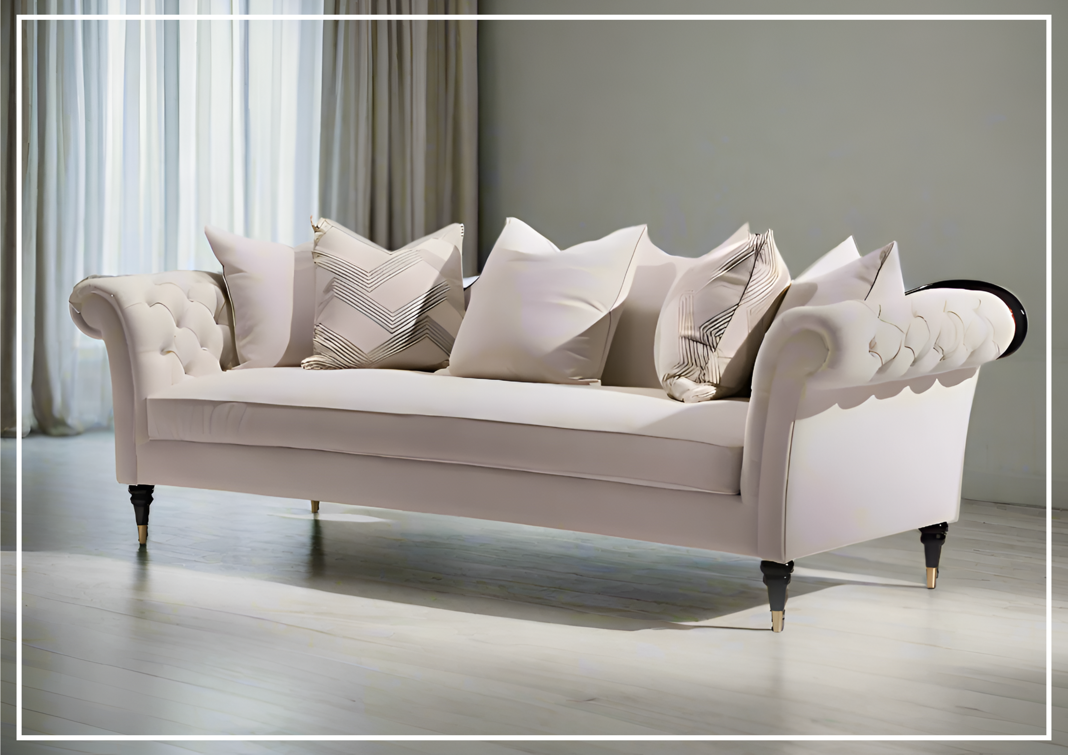 Klaussner Darla 3-Seater Beige Fabric Sofa with Tufted Rolled Arms - Modern Living Room Furniture for Small Spaces & Cozy Home Decor