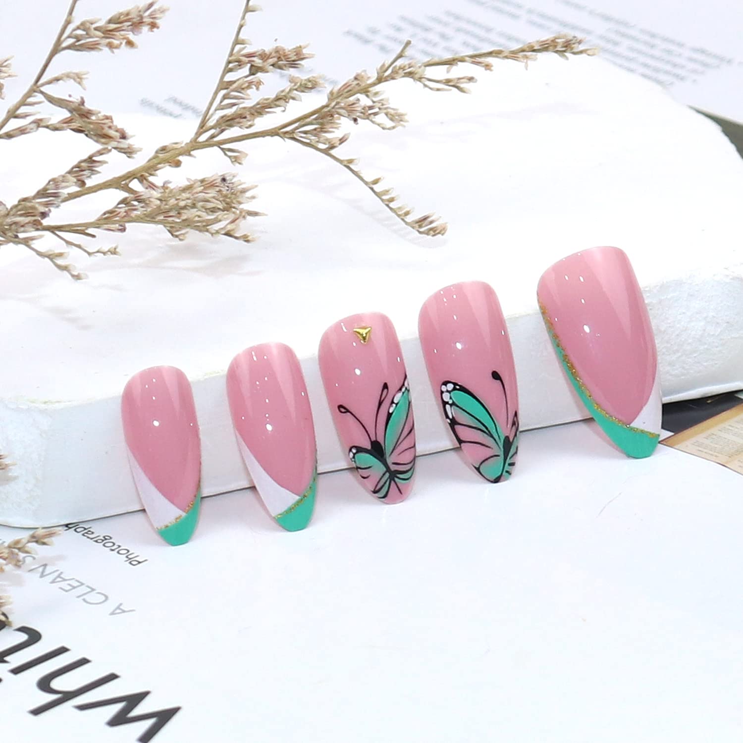 Butterfly Press on Nails - Almond Medium Length Fake Nails with French U-Shaped White Green Acrylic Design & Rhinestones - 24Pcs Full Cover Glue on Nails for Women & Girls - Perfect for Parties, Weddings, and Special Occasions