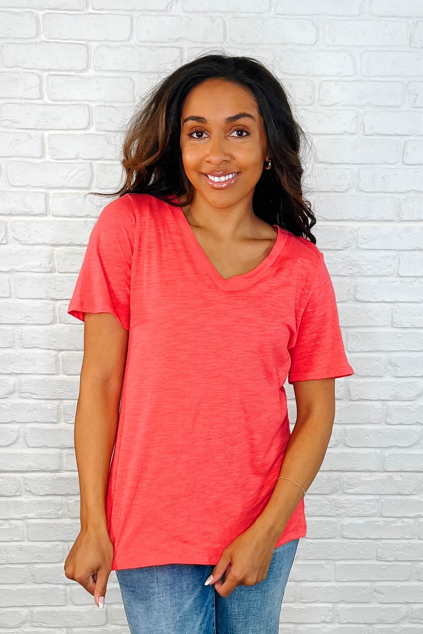 Stylish Women's V-Neck T-Shirt in Hot Coral - Soft Cotton Comfort Fit Tee for Casual Wear, Work & Everyday Outfits