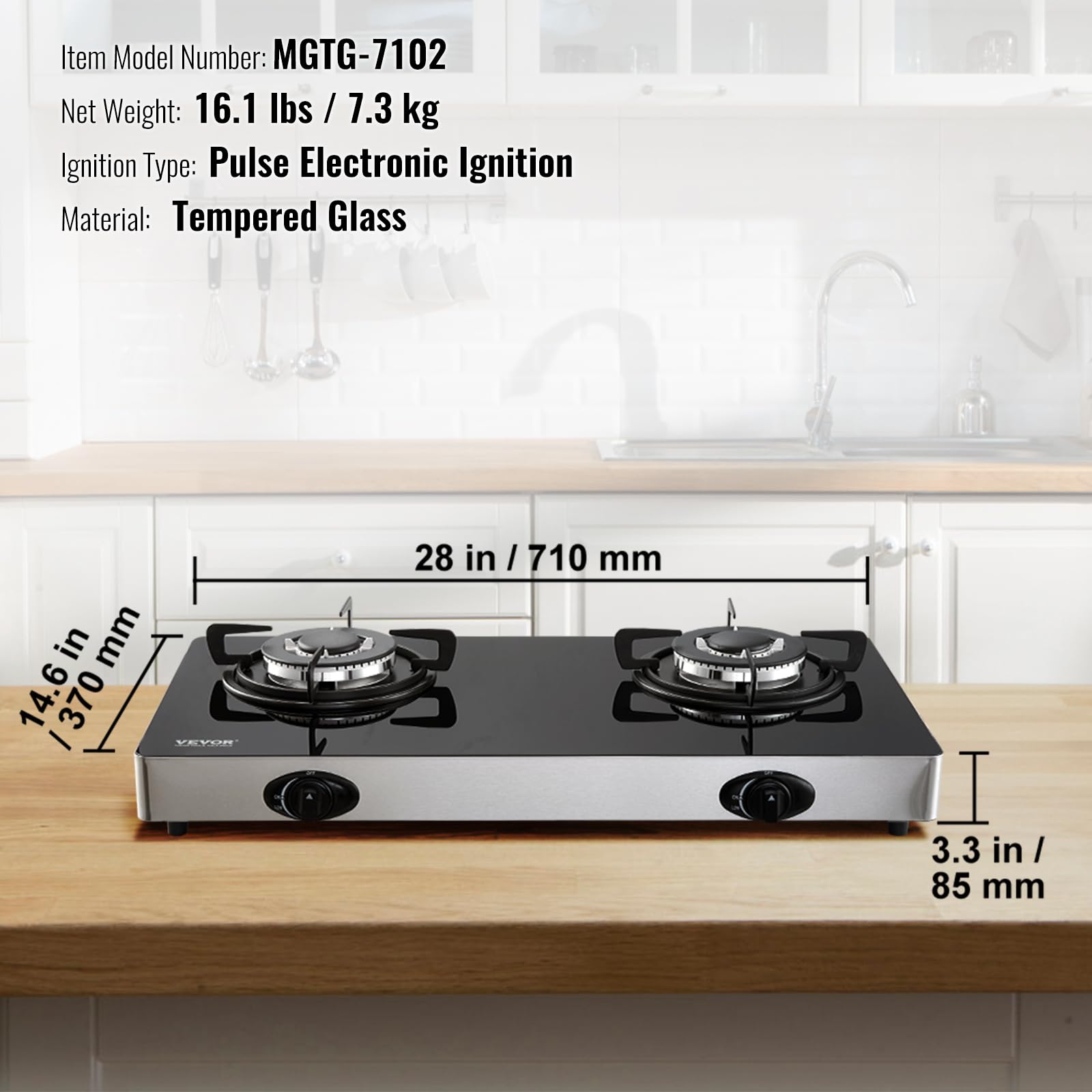 VEVOR 28 Inch 2 Burner Gas Cooktop - 10100BTU Max Output, Tempered Glass Countertop Stove with Pulse Electronic Ignition - Portable Natural Gas Hob for Kitchen, RV, Apartment, Outdoor & Camping Use