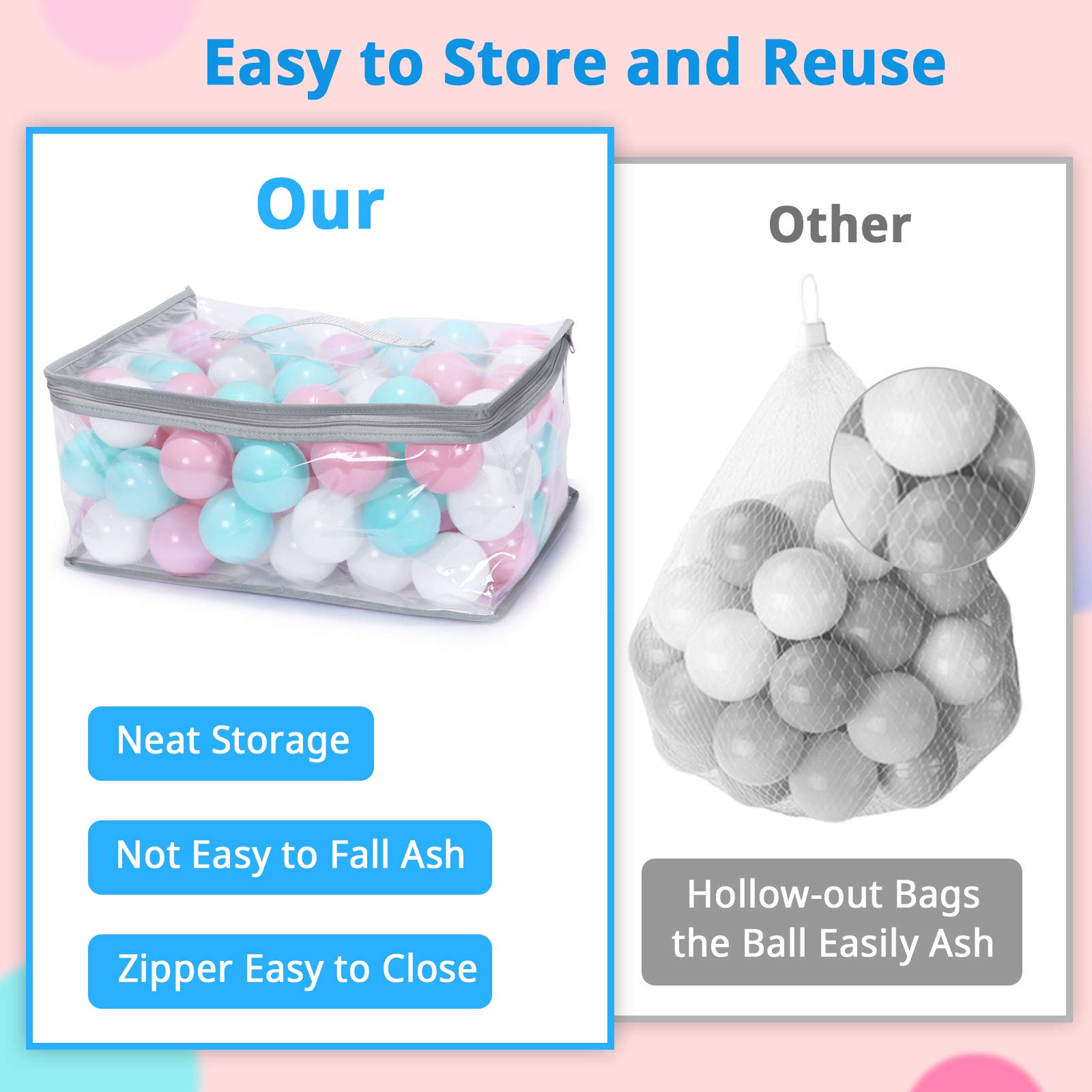 N+A Crush Proof Plastic Ball Pit for Babies & Toddlers - 100-Pack Non-Toxic Balls with Storage Bag (Pink, Green, White) - Indoor Playpen, Sensory Toys for Kids, Daycare & Birthday Party Activities