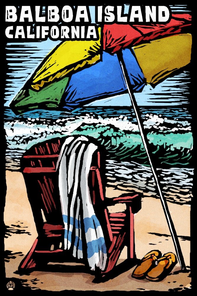 Balboa Island California Beach Chair Scratchboard Art Print - 24x36 Signed Wall Decor Poster for Living Room, Bedroom & Office