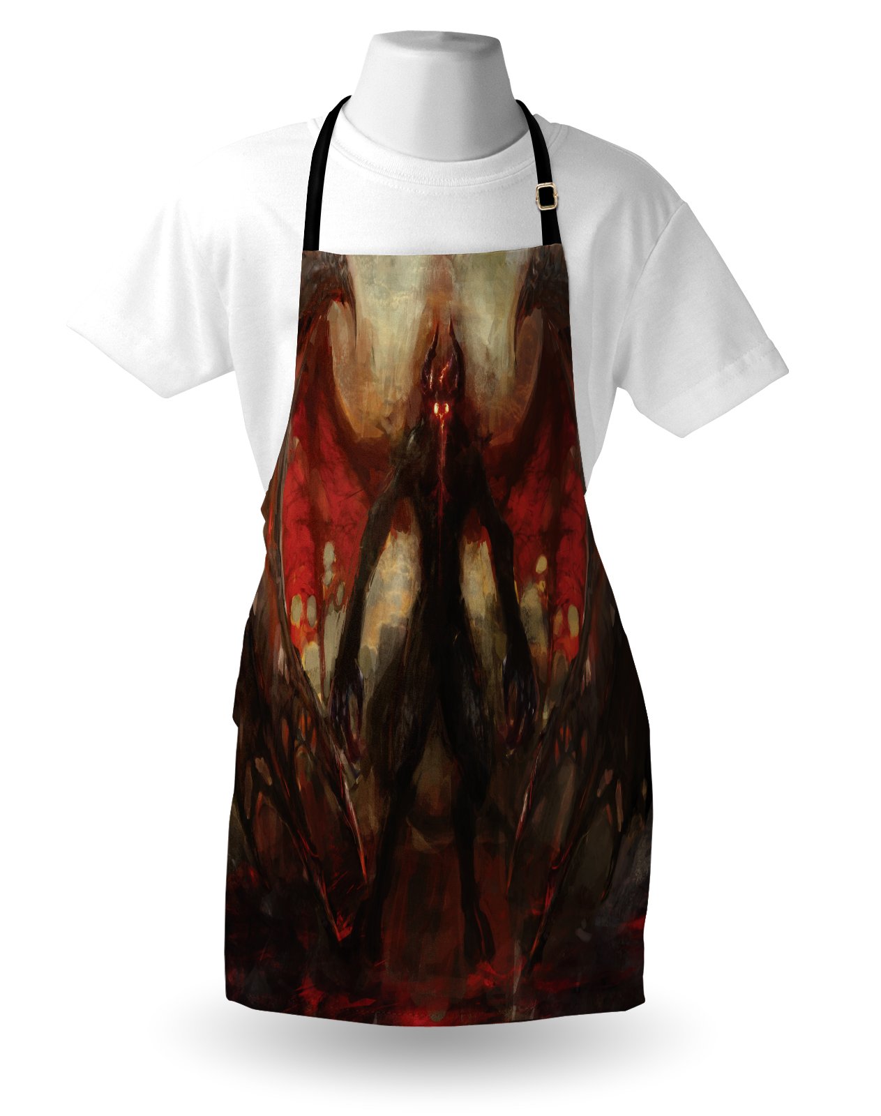 Ambesonne Fantasy World Apron - Devil Shadow with Wings Design, Unisex Adjustable Kitchen Bib Apron for Cooking, Baking, Grilling & Gardening - Perfect for Halloween, Cosplay & Gothic Themed Parties (Red & Grey)