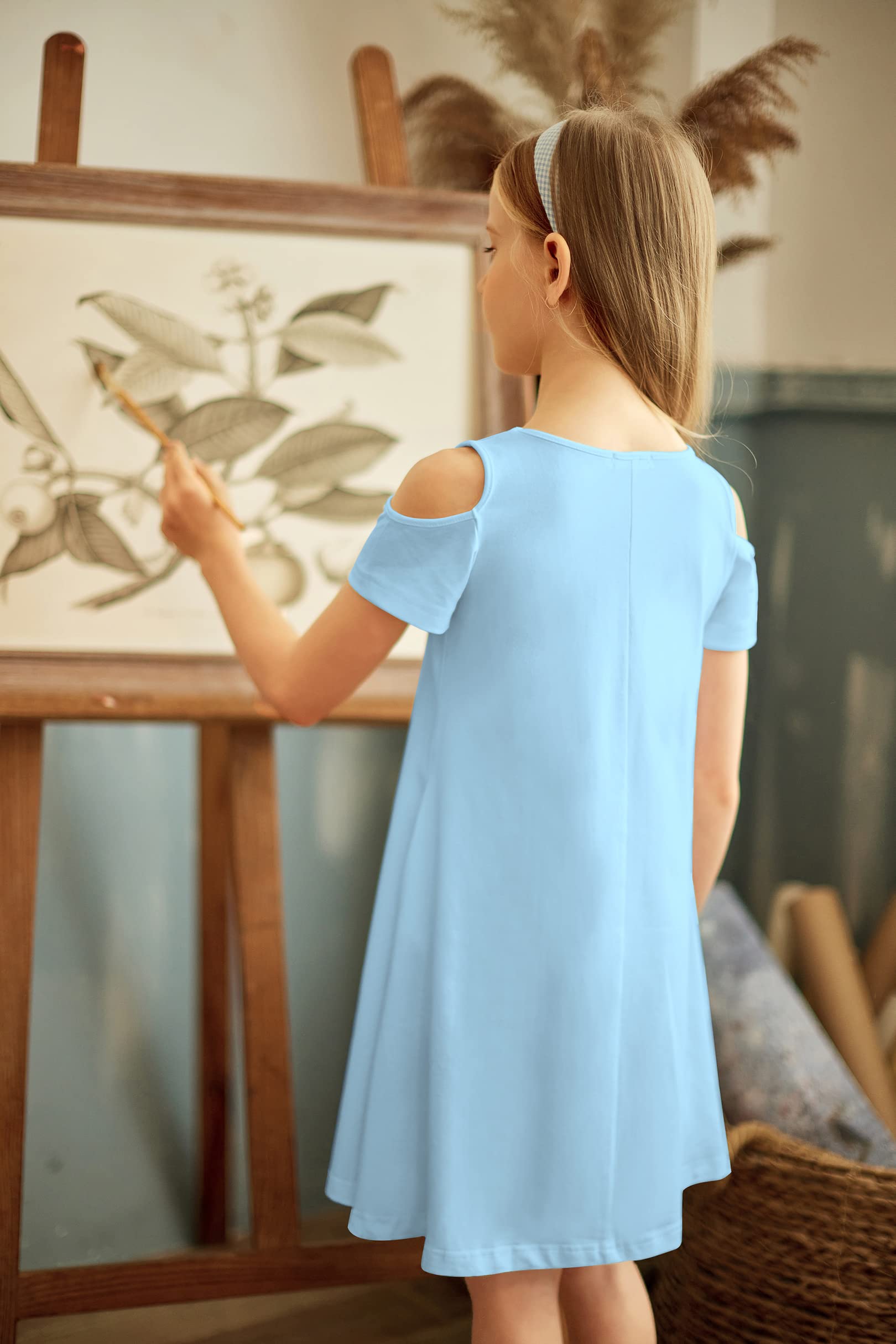 Arshiner Girls Summer Dress - Short Sleeve Cold Shoulder Casual Swing Dress with Pockets | Solid Color Flowy Outfit for Beach, Party & Everyday Wear