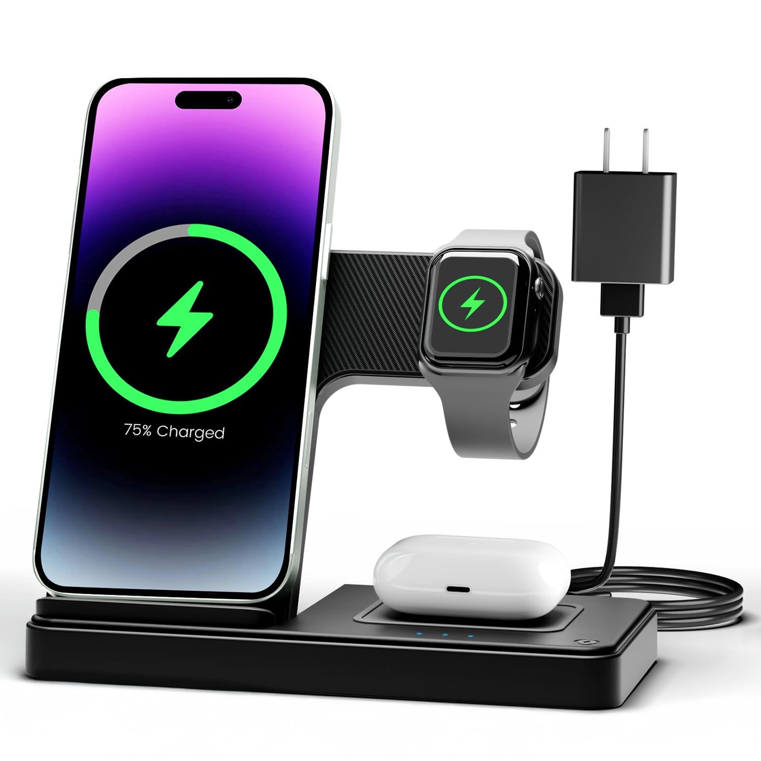 3-in-1 Wireless Charging Station for iPhone 16/15/14/13/12/11 Pro Max, Apple Watch 10/9/8/7/6/5/4/3/2/SE/Ultra & AirPods 4/3/2/Pro - Fast Qi-Certified Charger Stand for Multiple Devices | Perfect for Home, Office & Nightstand Charging