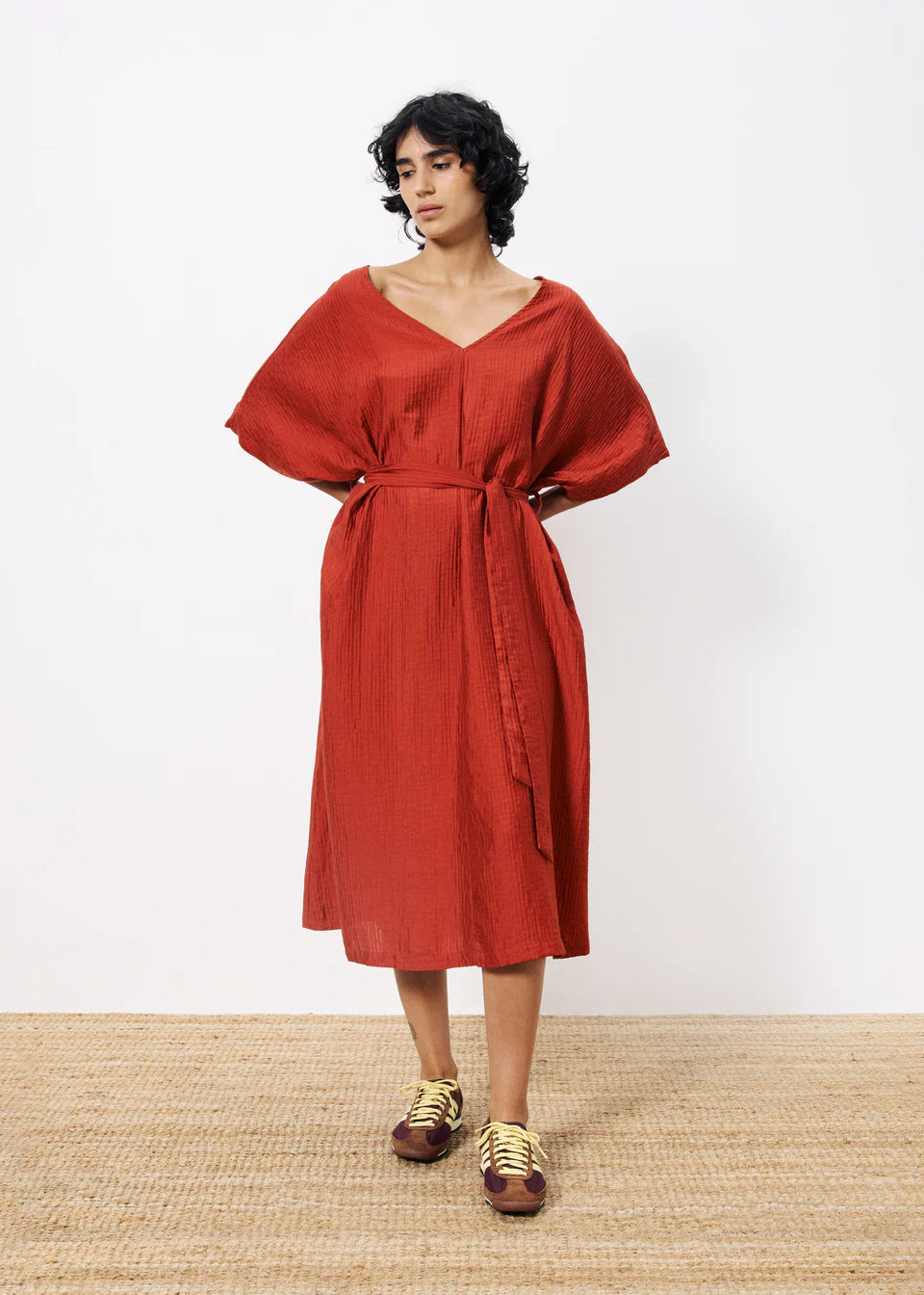 Nickie Women's Midi Dress in Rust Color - Elegant Flowy A-Line Summer Dress for Casual Outings, Date Nights & Office Wear