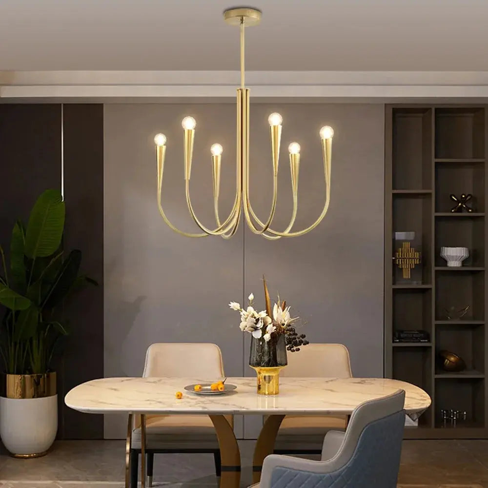 Vintage Mid Century Modern 6/9 Light Curved Candle Chandelier - Elegant Dining Room & Living Room Lighting Fixture for Home Decor