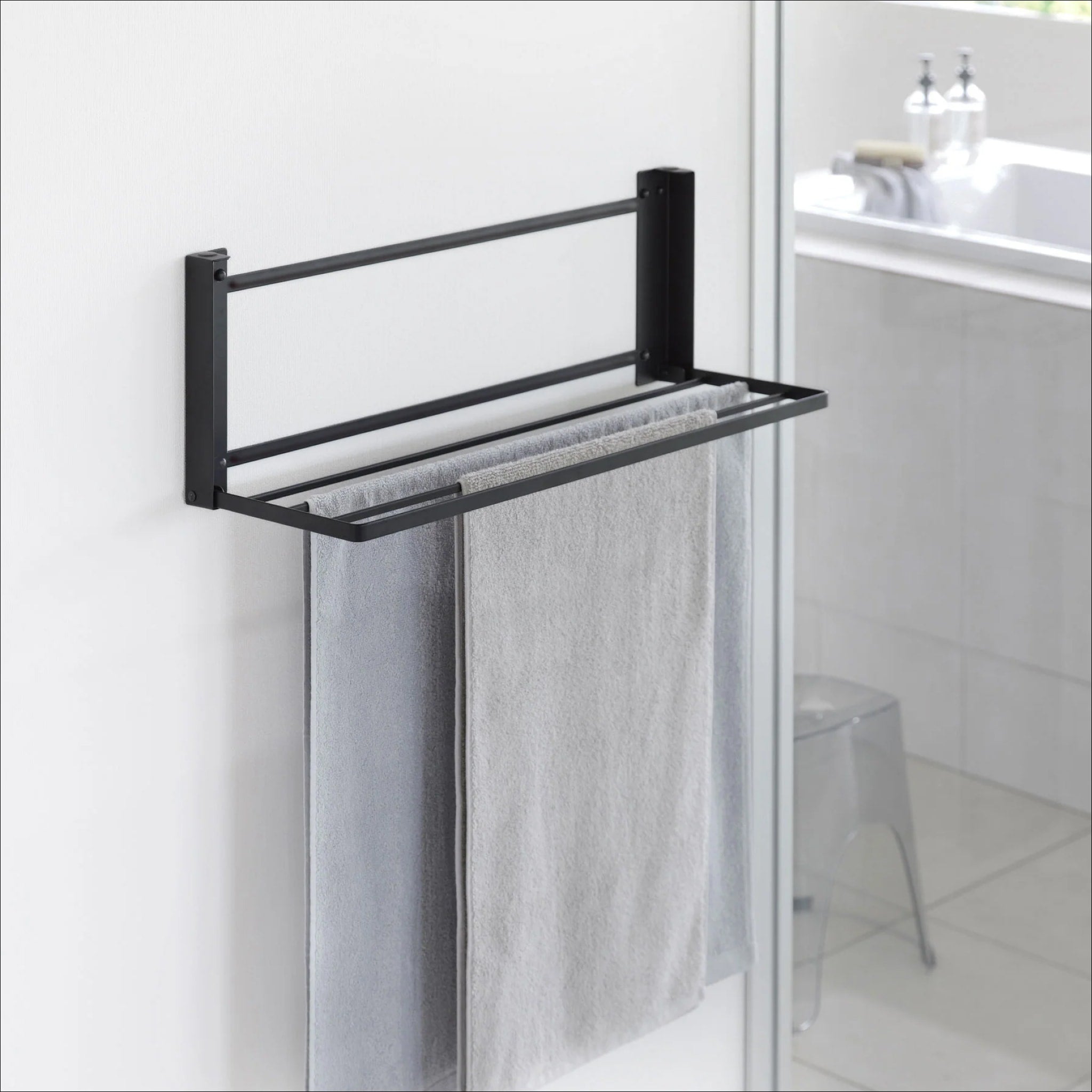 YAMAZAKI Space-Saving Wall Mounted Folding Clothes Rack - Black | Compact Laundry Drying Rack for Small Apartments, Bathrooms & Closets | Perfect for Air-Drying Clothes, Towels & Delicates