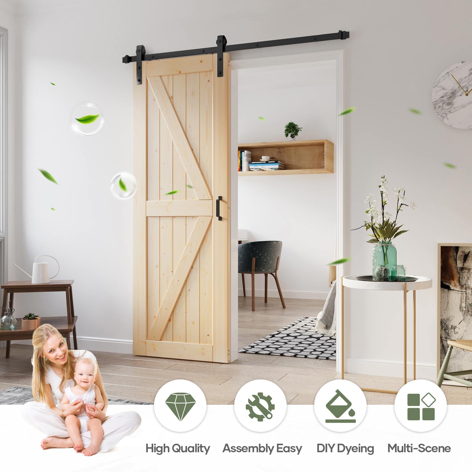 30x84 Inch Rustic Sliding Barn Wood Door Slab with 5ft Heavy-Duty Hardware Kit - Easy DIY Installation for Farmhouse, Loft & Industrial Style Homes - Perfect for Bedrooms, Closets, Pantries & Room Dividers