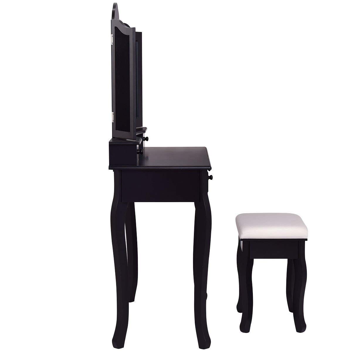 Casart Black Bathroom Vanity Set with Tri-Folding Mirror & Bench - 4 Drawer Dressing Table Makeup Vanity for Home (Perfect for Small Spaces & Bedroom Organization)
