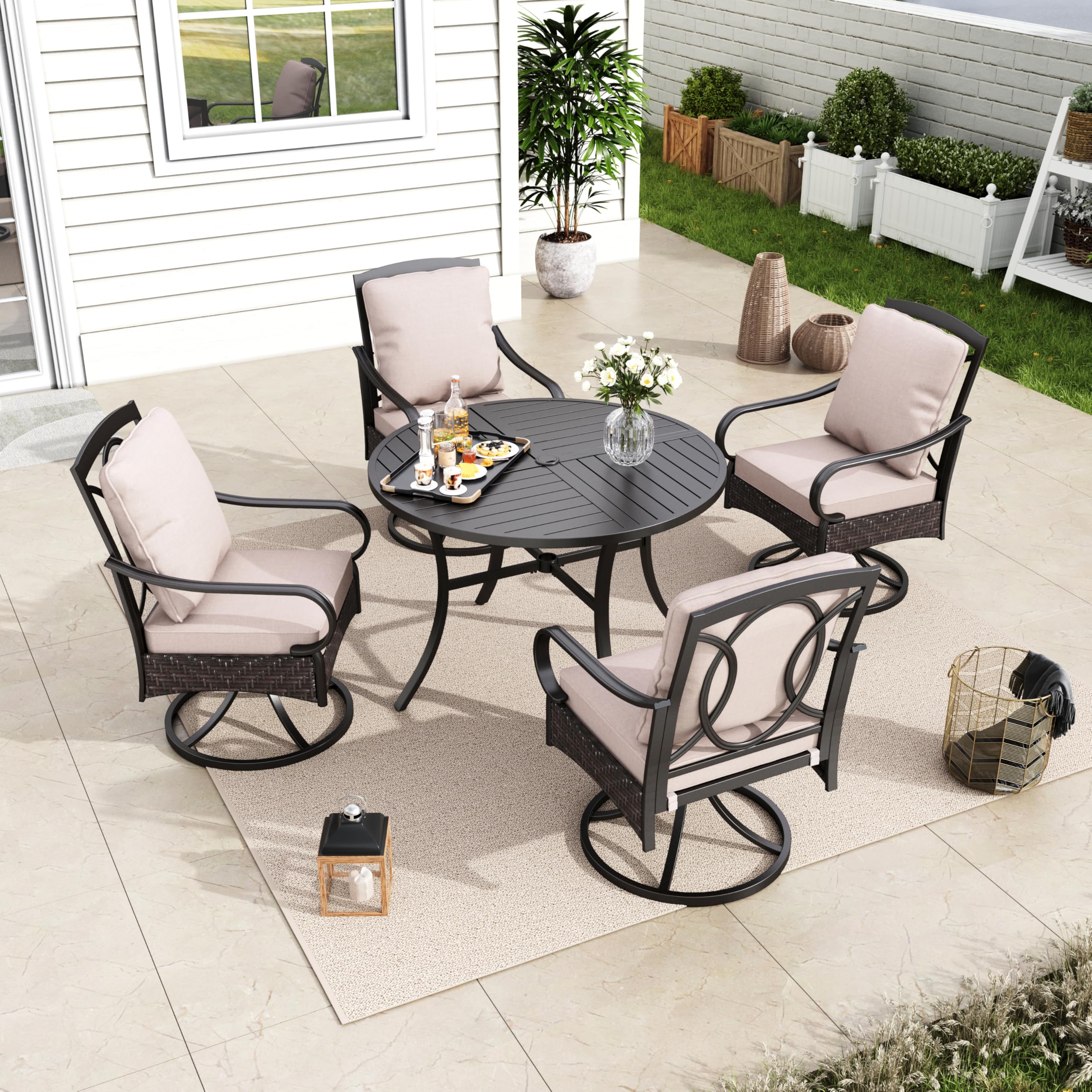 MFSTUDIO 5-Piece Outdoor Rattan Dining Set for 4 with Swivel Chairs, Round Patio Table & Metal High Back Chairs - Perfect for Backyard, Garden, and Poolside Entertaining