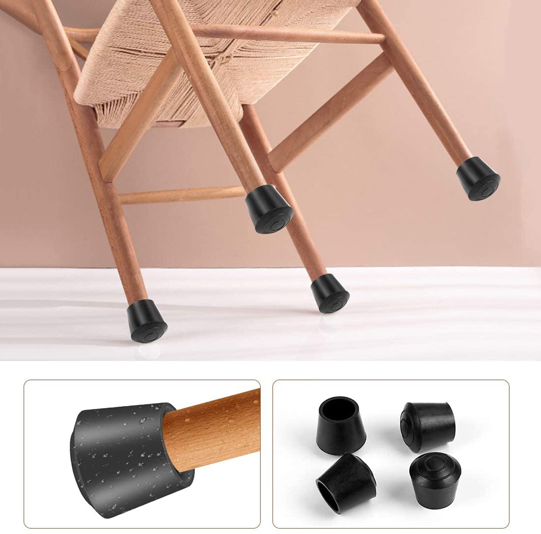 20 Pcs Round Chair Leg Protectors - Non-Slip Rubber Furniture Pads for Hardwood Floors (15mm-16mm, Black) | Perfect for Dining Chairs, Office Chairs & Home Furniture Protection