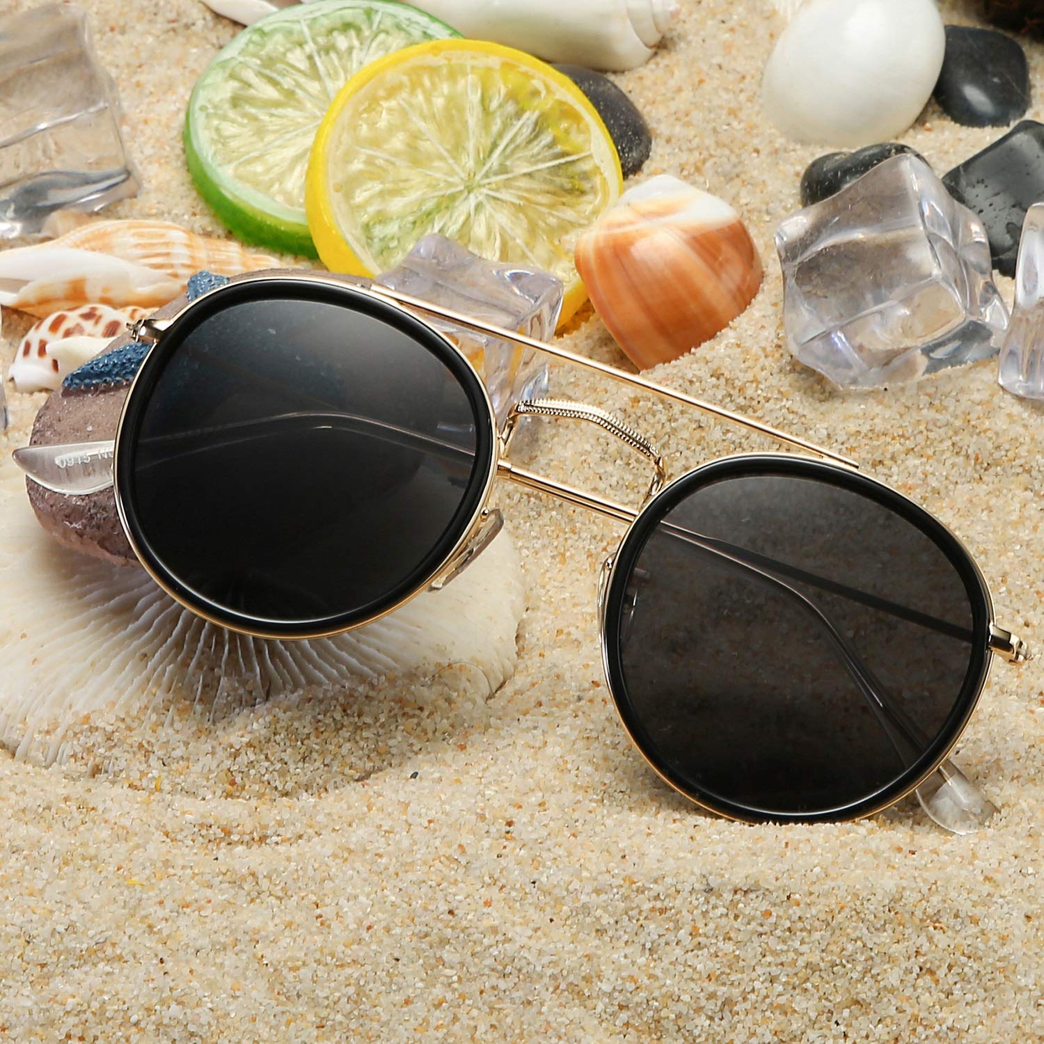 DUSHINE Polarized Round Double Bridge Sunglasses for Women & Men - 100% UV Protection - Fashionable & Lightweight for Driving, Beach, Outdoor Activities