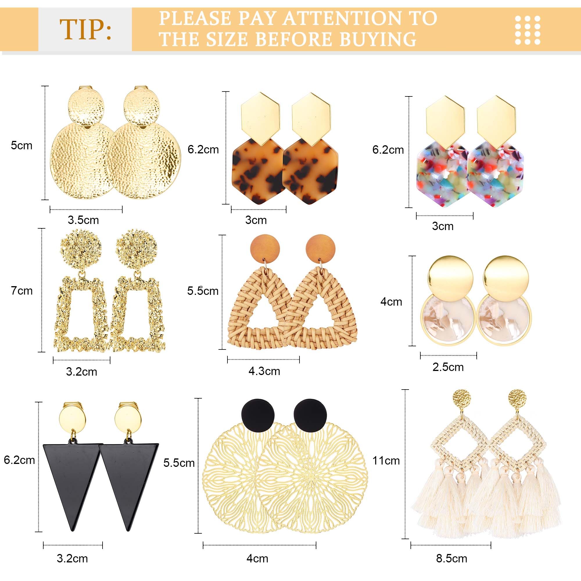 HAIAISO 9 Pairs Clip-On Drop Earrings for Women - Lightweight Rattan Resin Acrylic Tassel Dangle Earrings - Non-Piercing Geometric Hoop Earrings - Perfect for Parties, Weddings & Everyday Wear