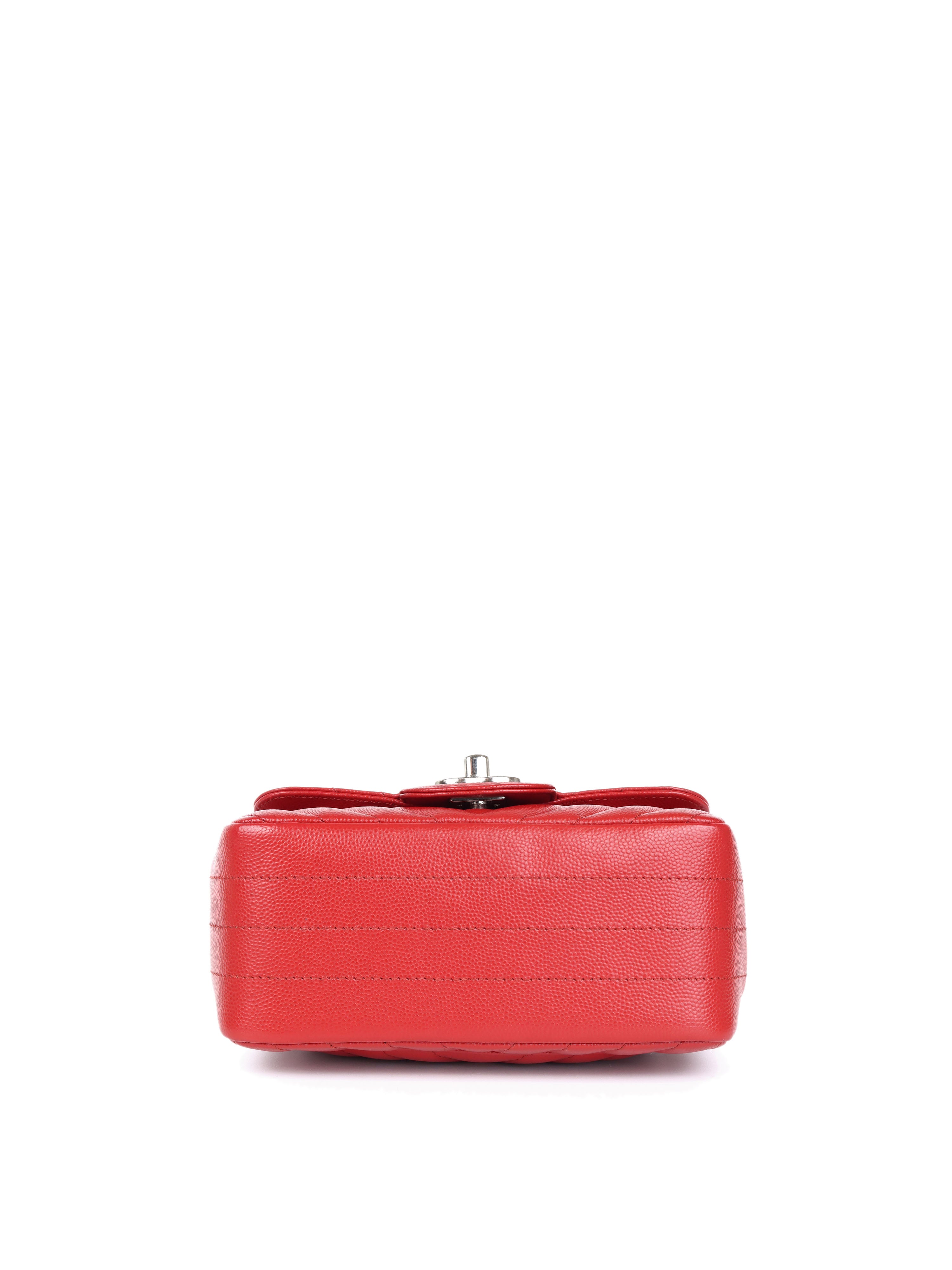 Chanel Red Caviar Chevron Mini Square Classic Flap Bag with Silver Hardware - Luxury Crossbody Purse for Women, Perfect for Evening Parties & Special Occasions